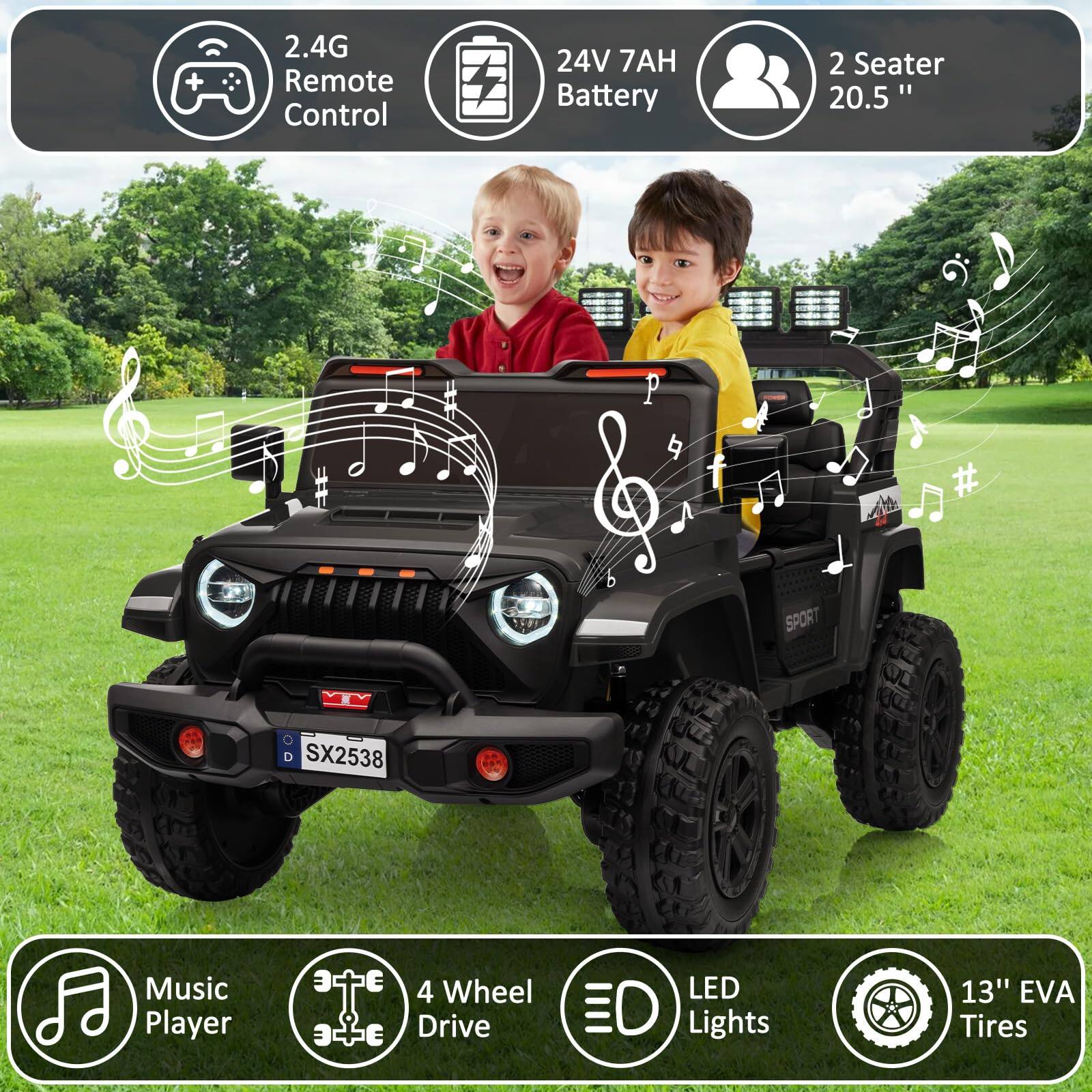 - 2.4G Remote Control
- 24V 7AH Battery
- 2 Seater 20.5"
- Music Player
- 4 Wheel Drive
- LED Lights
- 13" EVA Tires