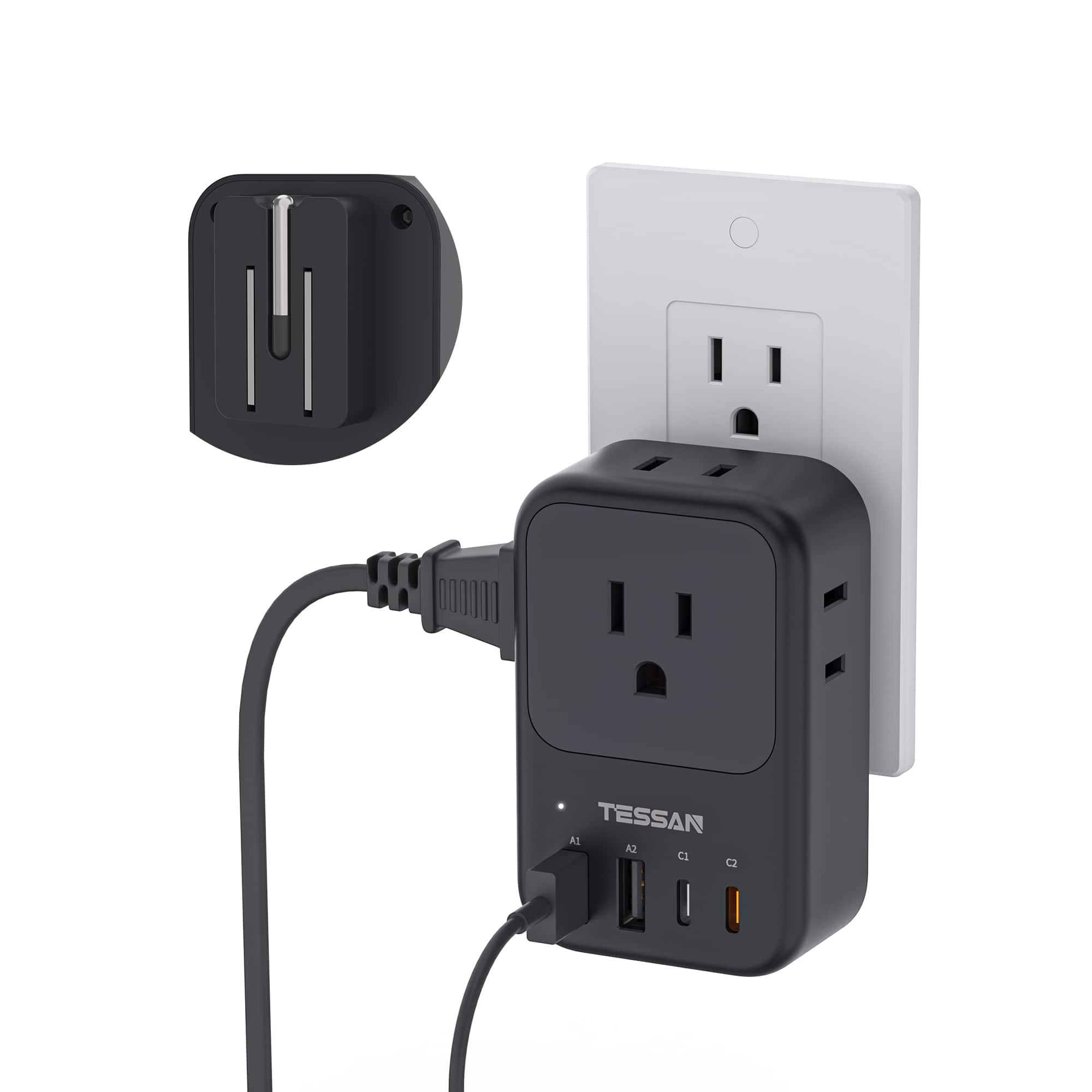 TESSAN - Foldable Plug Wall Outlet Extender with PD 20W USB C Charger, 4 AC Outlets and 4 USB Ports for Cruise Travel Home - Black