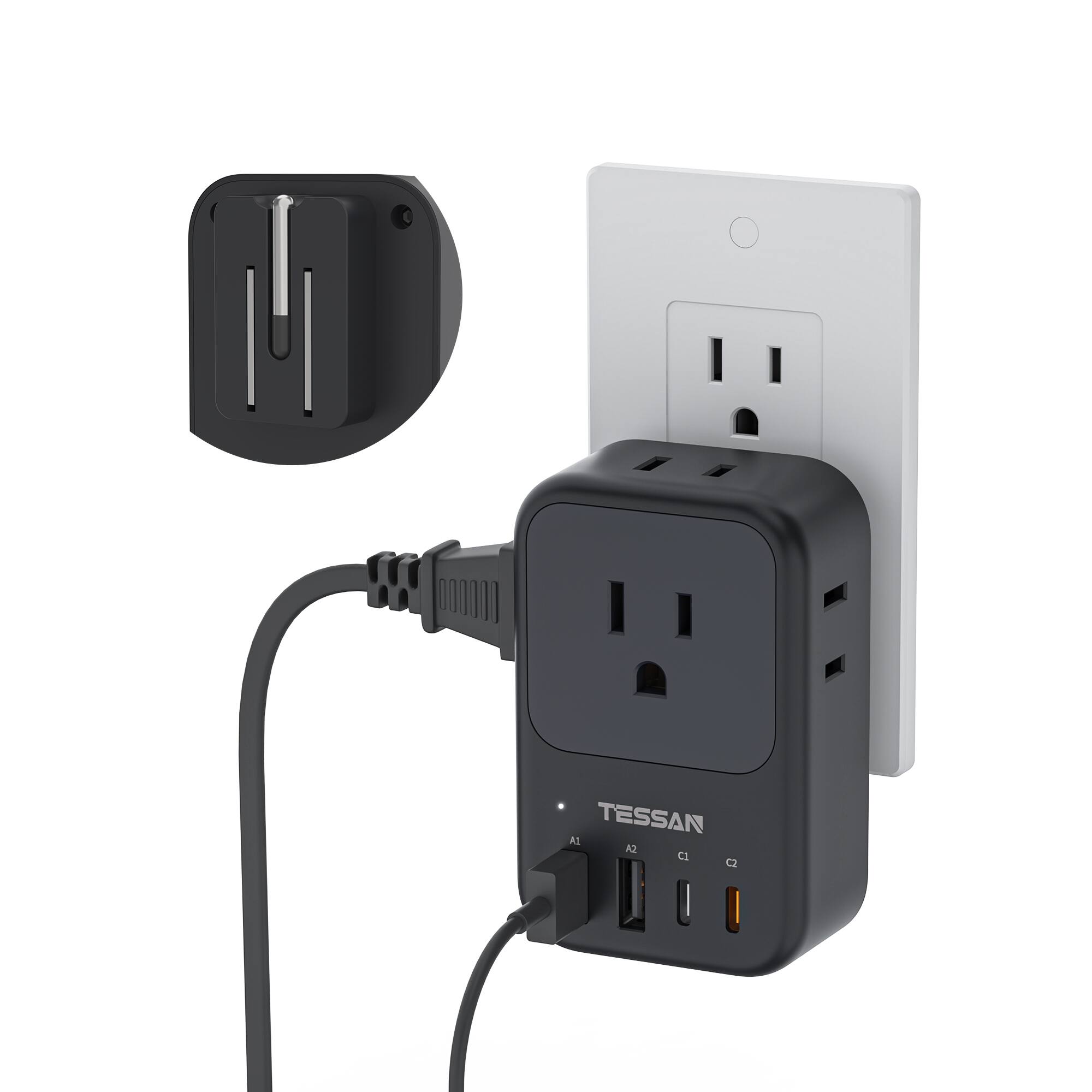 Front. TESSAN - Foldable Plug Wall Outlet Extender with PD 20W USB C Charger, 4 AC Outlets and 4 USB Ports for Cruise Travel Home - Black.
