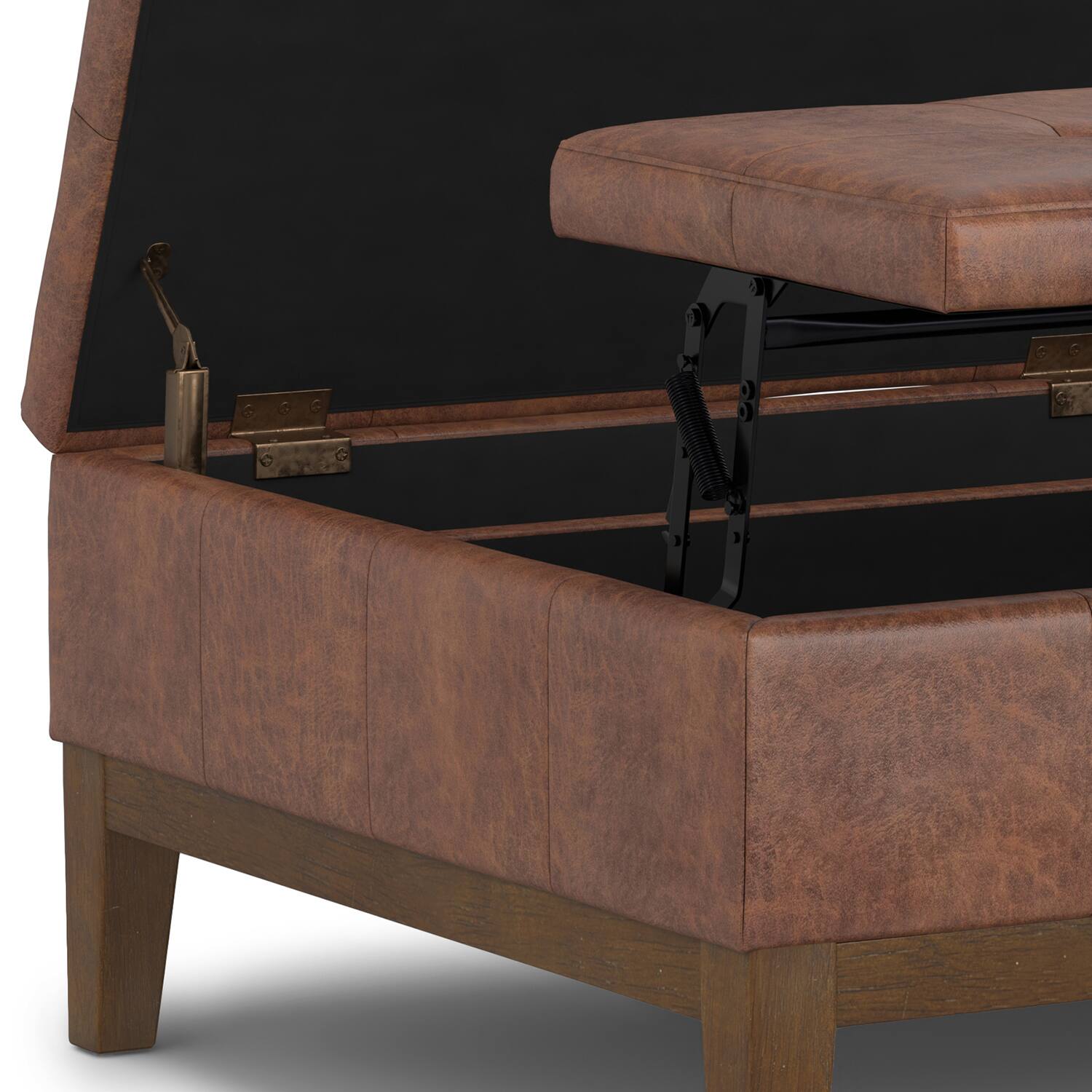 Alt View 6. Simpli Home - Dover 36 inch Contemporary Lift Top Coffee Table Storage Ottoman in Distressed Saddle Brown Vegan Faux Leather,Assembled - Distressed Saddle Brown.