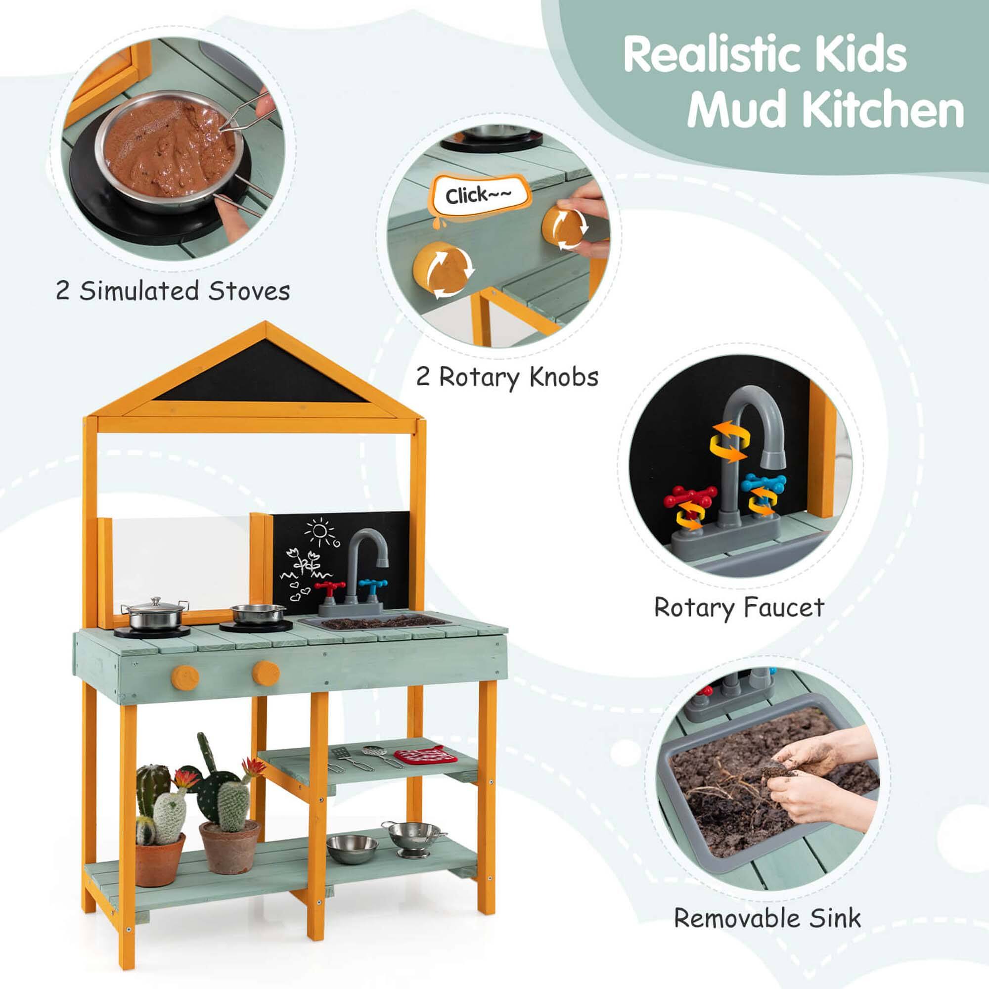 Realistic Kids Mud Kitchen

- 2 Simulated Stoves
- 2 Rotary Knobs
- Rotary Faucet
- Removable Sink