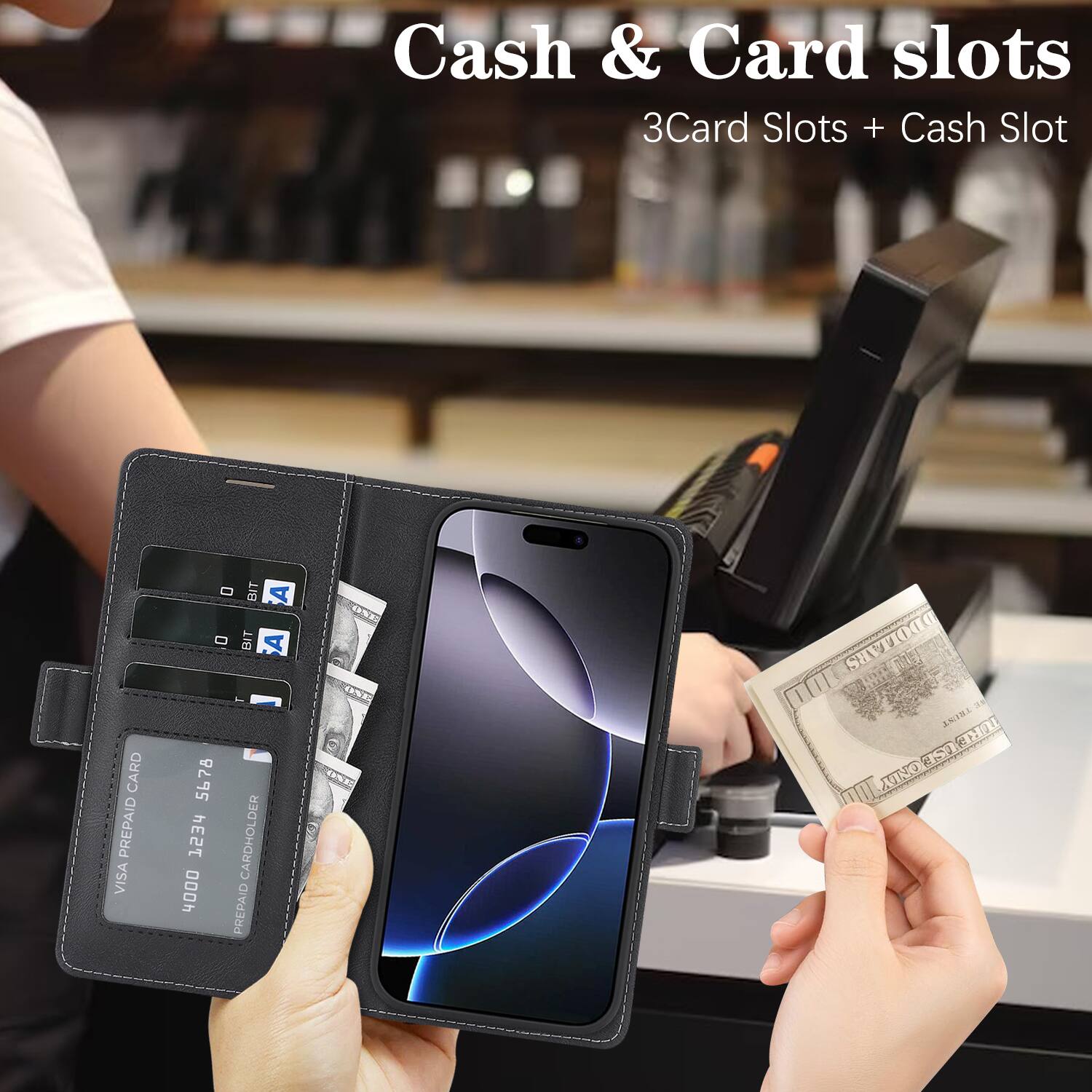 Cash & Card slots  
3Card Slots + Cash Slot  

CARD VISA PREPAID  
5678 1234 4000  
BIT A BIT A PREPAID CARDHOLDER  
ONE  
TU DDOLLARS TRUST TURE XINO TUREUSE USE