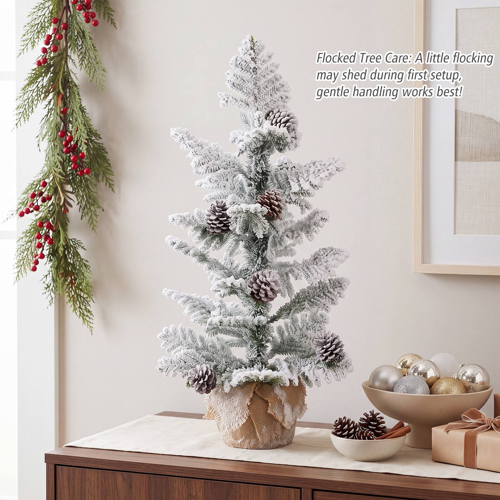 Flocked Tree Care: A little flocking may shed during first setup, gentle handling works best!