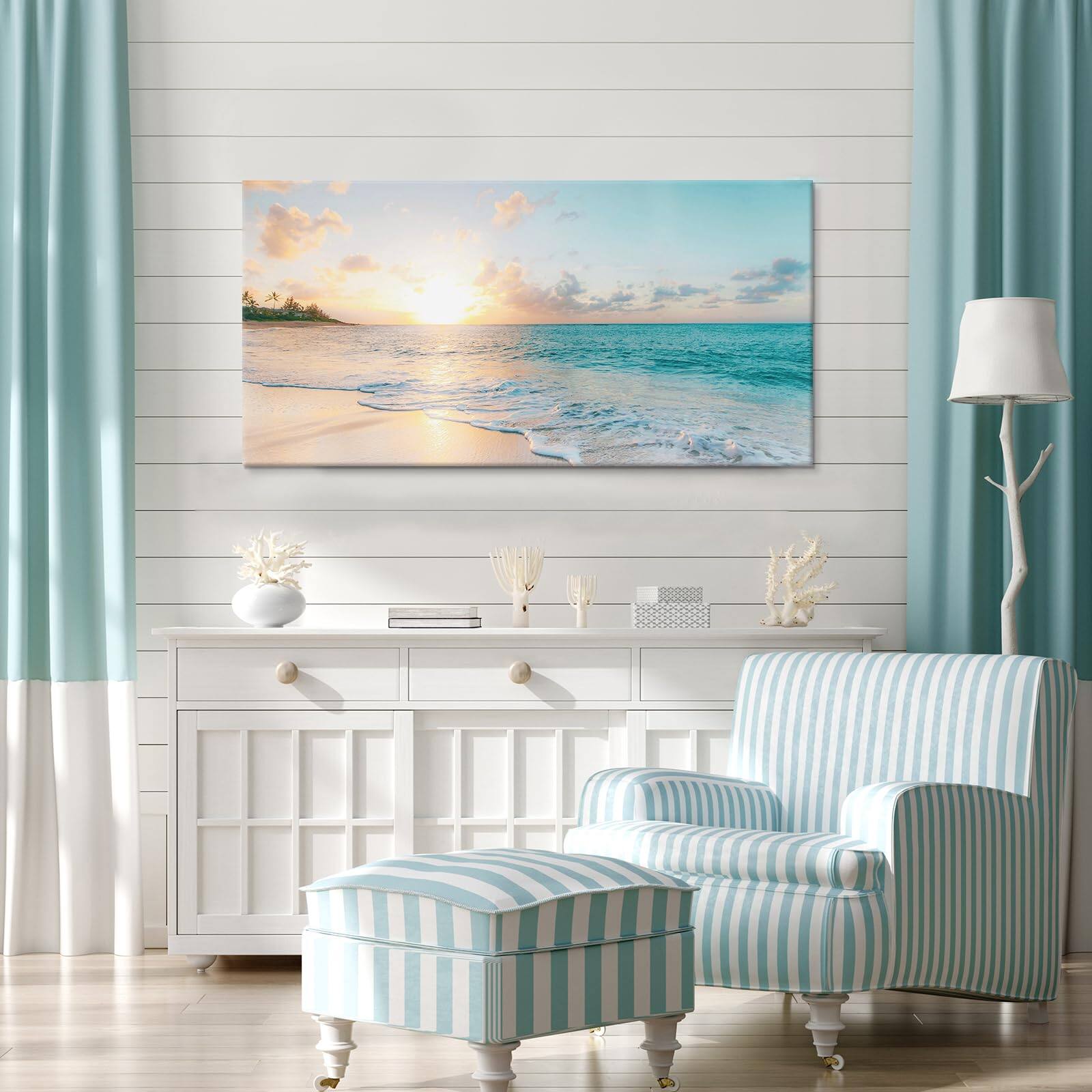 Alt View 1. Hirose Alice - Goldfoilart Ocean Beach Sunset Canvas Wall Art for Bedroom Seascape Paintings Coastal Picture Framed Artwork - Window Seagull 36"L x 24"W.