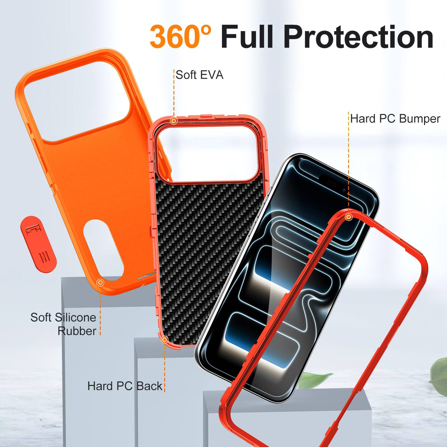 360° Full Protection

- Soft EVA
- Hard PC Bumper
- Soft Silicone Rubber
- Hard PC Back