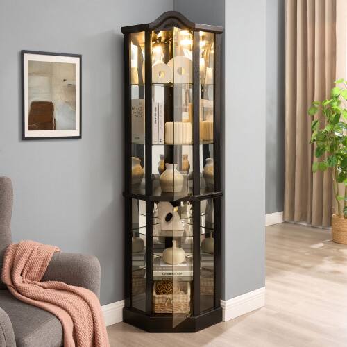 Angle. LUCKY ONE - Freestanding Corner Curio Cabinet with Glass Shelves LED Light Display for Wine Collectibles Home Office - Black.