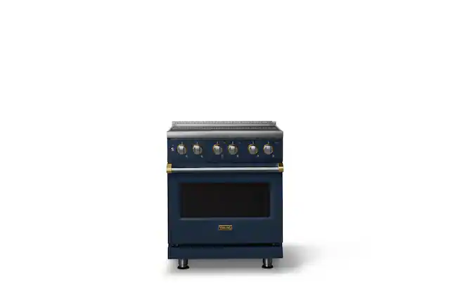 Front. Viking - 30 in. Wide 4 Elements Pro 5 Series 4.7 Cu.Ft. Freestanding Electric Convection Range - Slate Blue w. Brushed Brass Trim - Slate Blue.