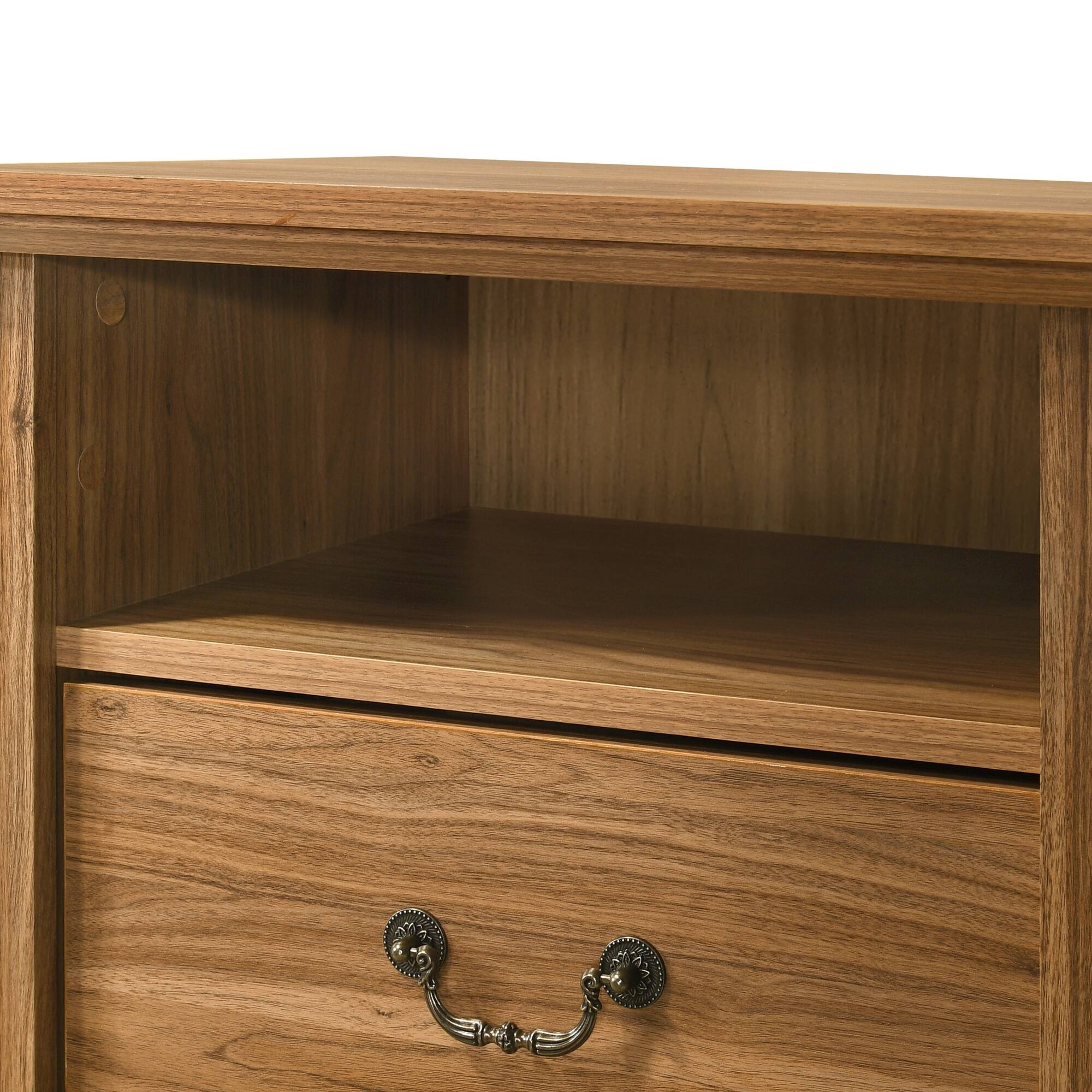 Alt View 4. Vaczon - Rustic Walnut Nightstands (Set of 2) with Open Shelf and 2 Drawers - Walnut.