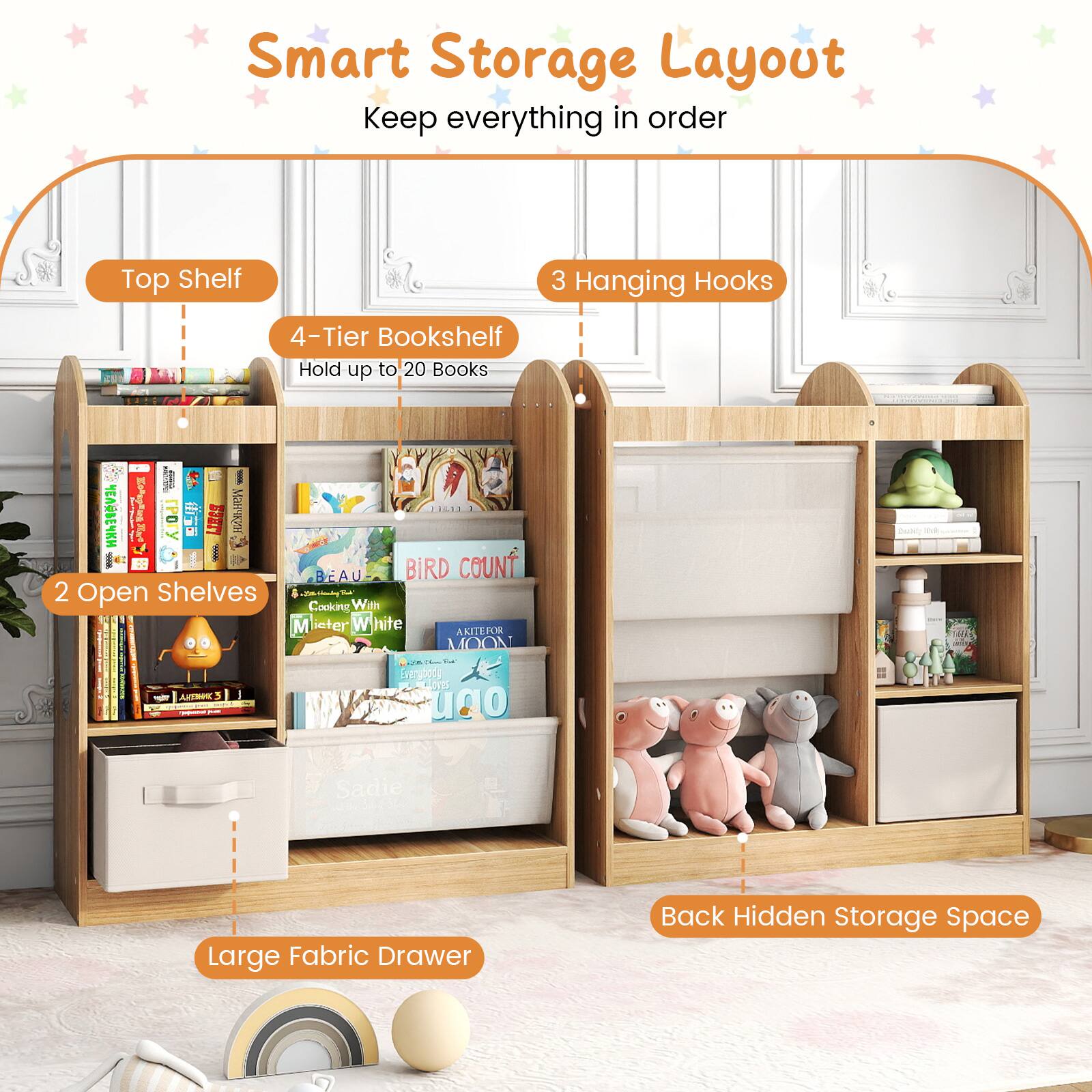 Smart Storage Layout  
Keep everything in order  

- Top Shelf  
- 3 Hanging Hooks  
- 4-Tier Bookshelf (Hold up to 20 Books)  
- 2 Open Shelves  
- Large Fabric Drawer  
- Back Hidden Storage Space