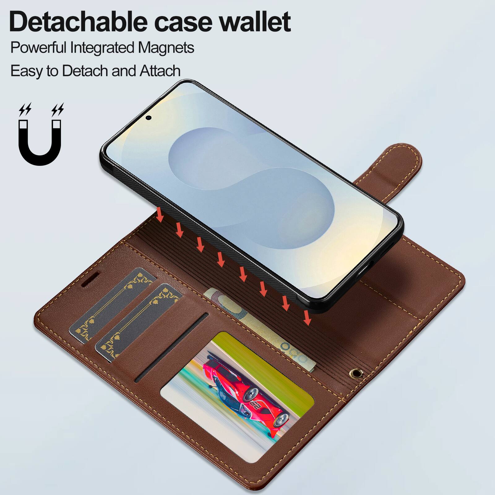 Detachable case wallet  
Powerful Integrated Magnets  
Easy to Detach and Attach