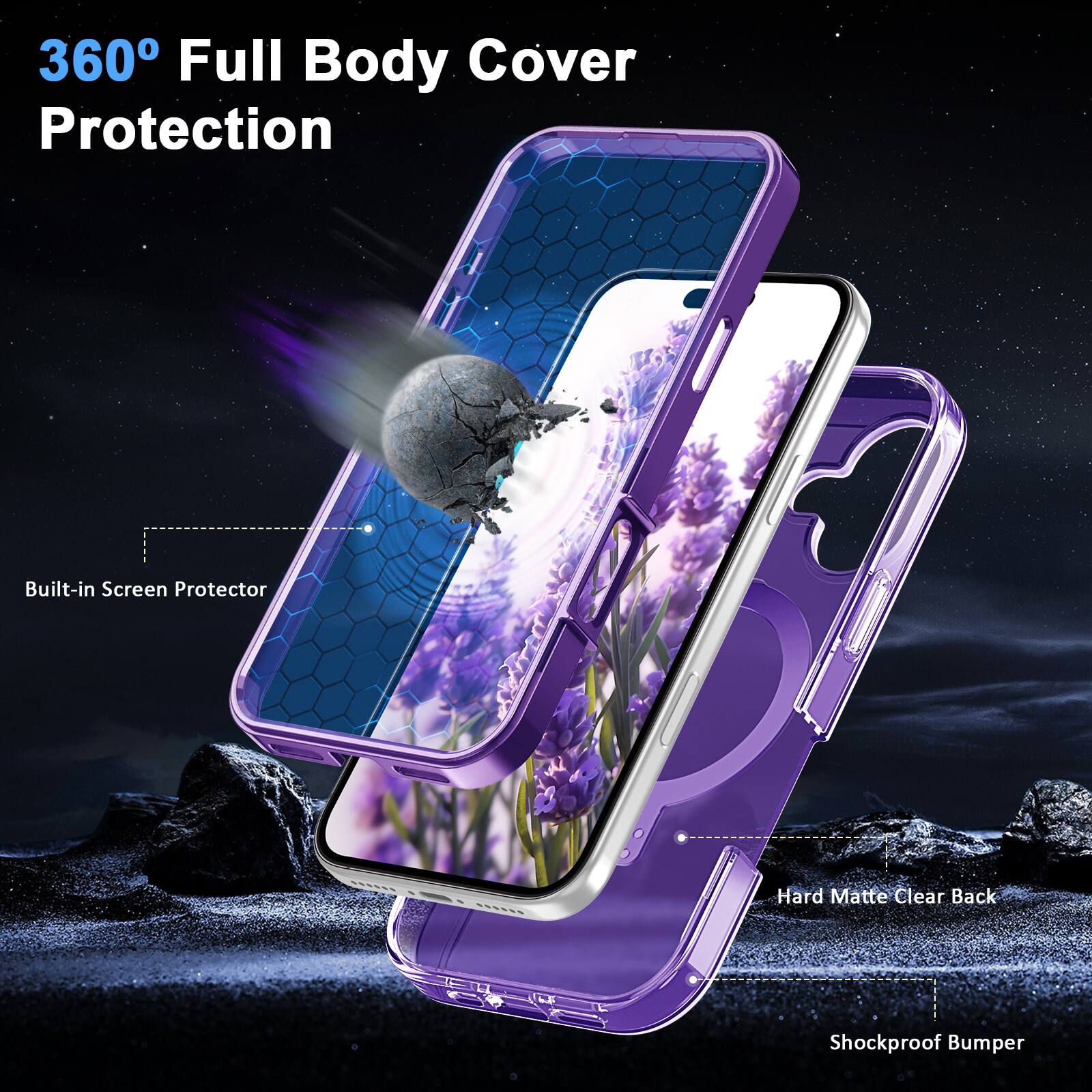 360° Full Body Cover Protection

- Built-in Screen Protector
- Hard Matte Clear Back
- Shockproof Bumper