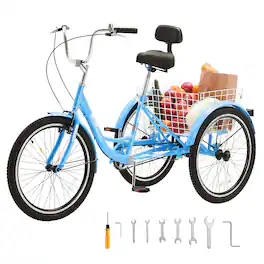 VEVOR - Adult Tricycles Bike, 24 Inch Three-Wheeled Bicycles, 3 Wheel Bikes Trikes, Carbon Steel Cruiser Bike with Baske - Blue