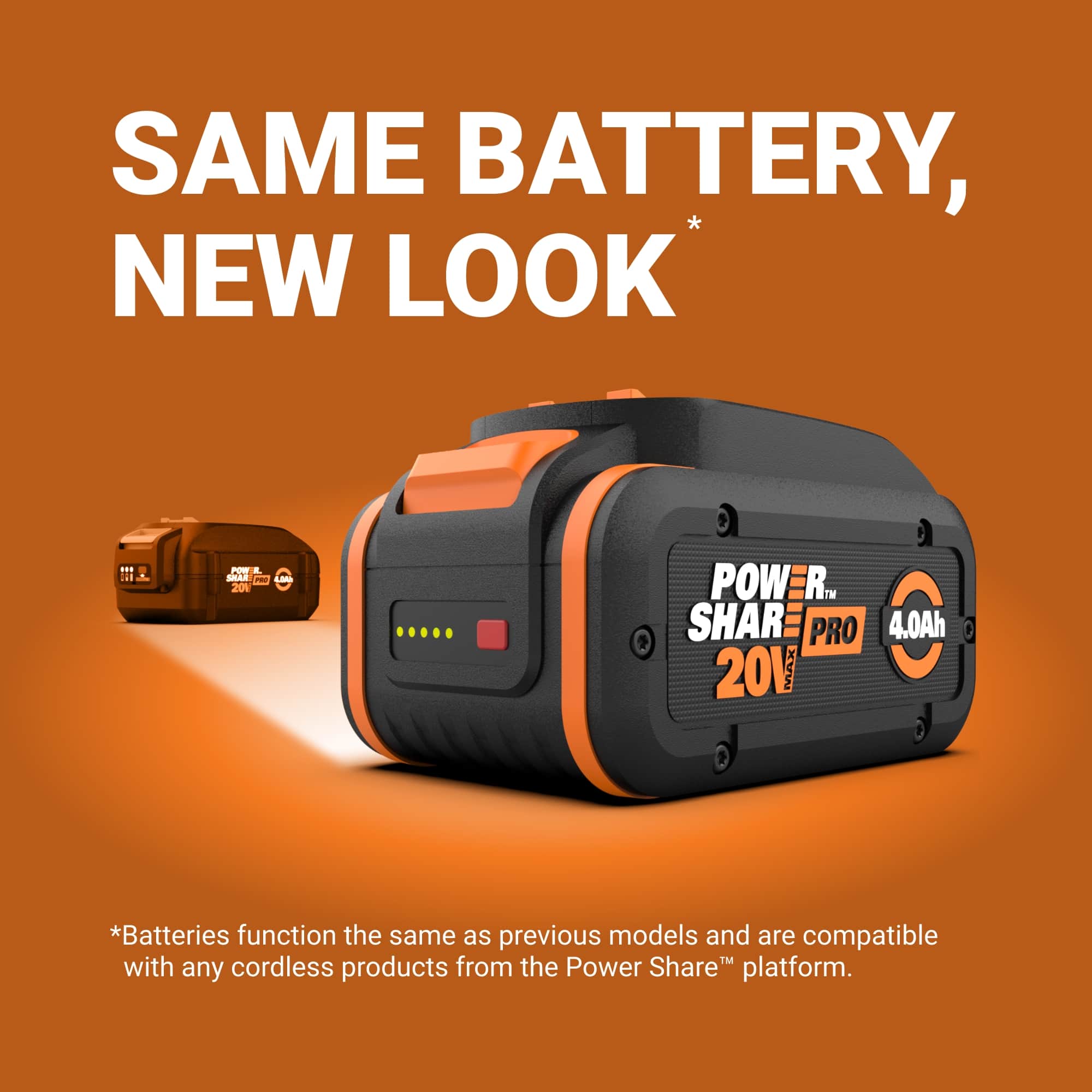 SAME BATTERY, NEW LOOK*
* Batteries function the same as previous models and are compatible with any cordless products from the Power Share™ platform.