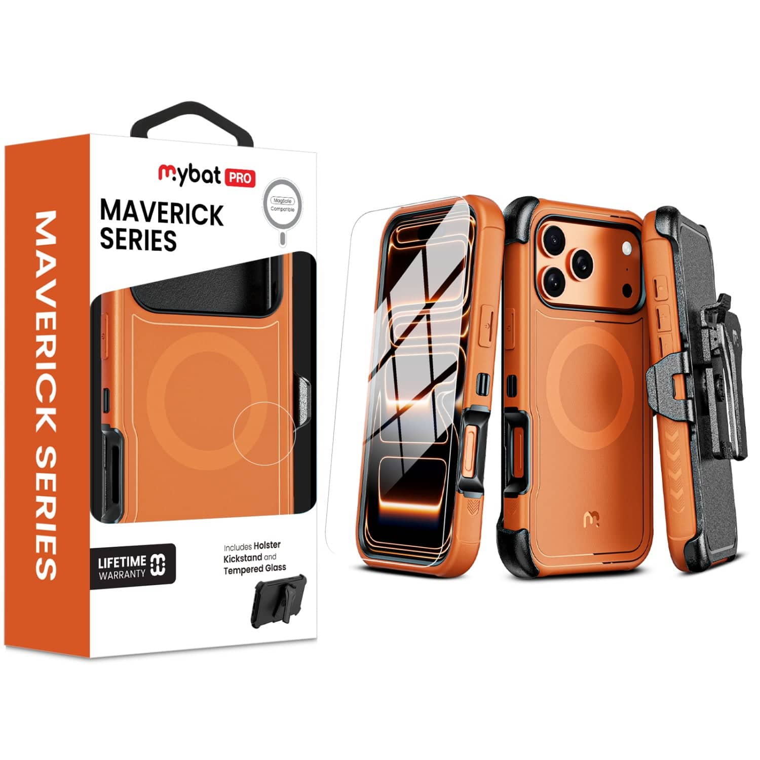 Mybat Pro - MagSafe Case w/ Holster and Tempered Glass for Apple iPhone 18 Pro Max / 17 Pro Max - Cosmic - Orange