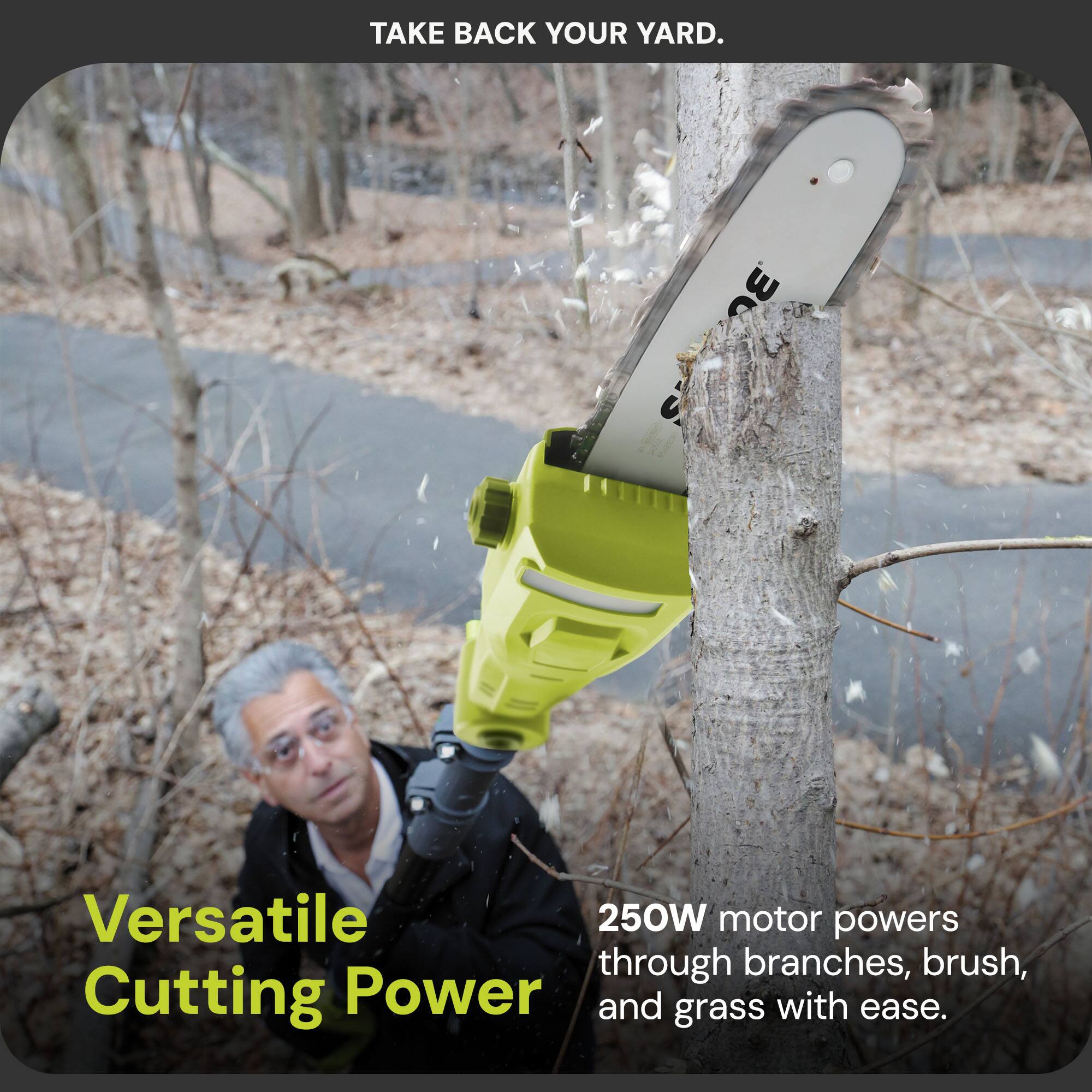 TAKE BACK YOUR YARD.

Versatile 250W motor powers through branches, brush, and grass with ease.