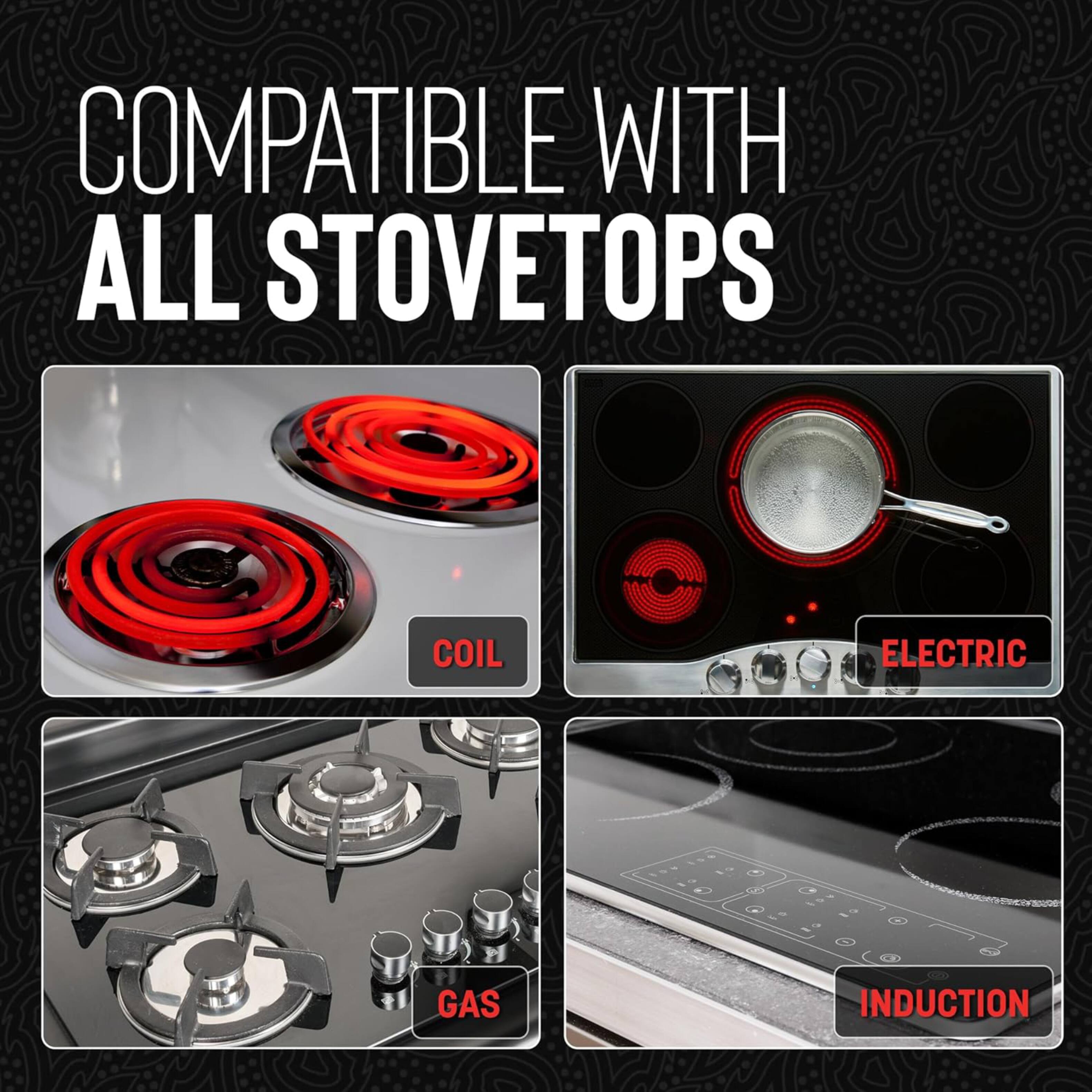 COMPATIBLE WITH ALL STOVETOPS

COIL  
ELECTRIC  
GAS  
INDUCTION
