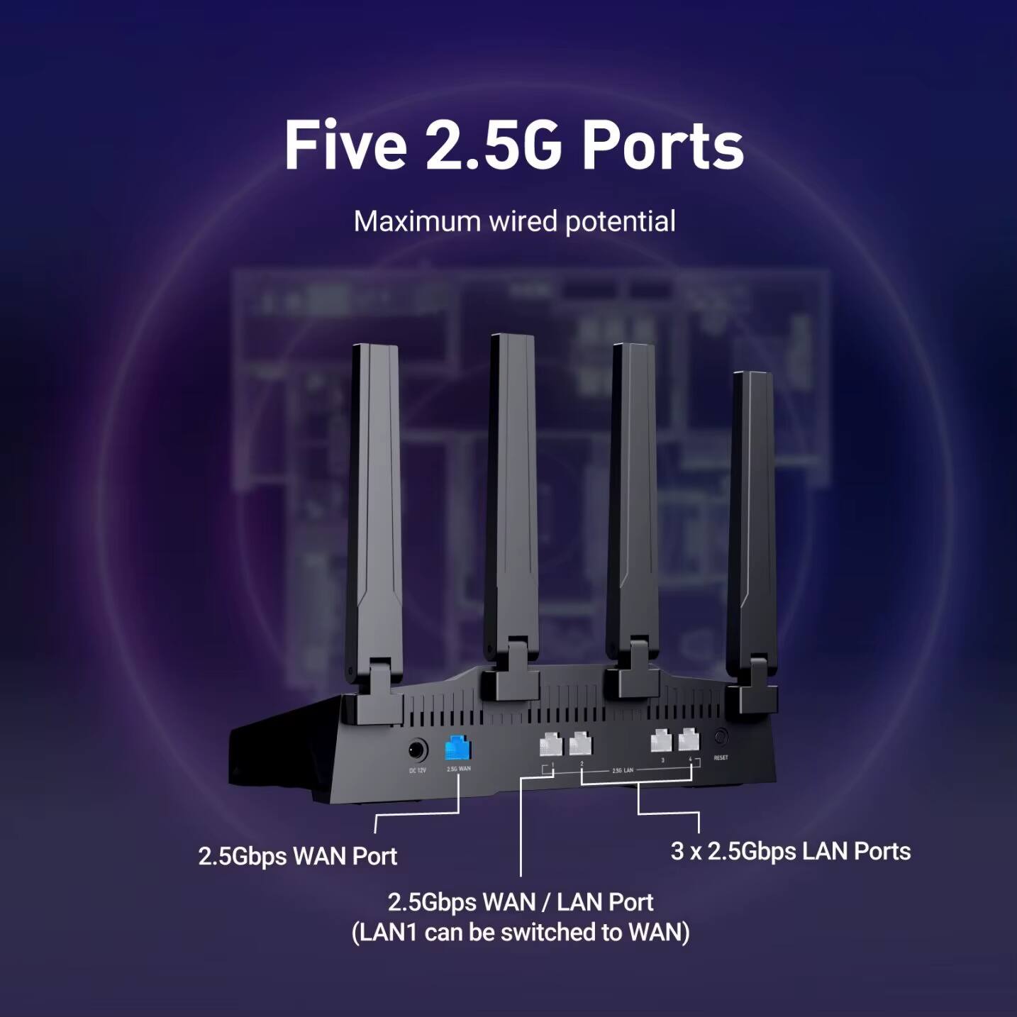 Five 2.5G Ports  
Maximum wired potential  

- 2.5Gbps WAN Port  
- 3 x 2.5Gbps LAN Ports  
- 2.5Gbps WAN / LAN Port (LAN1 can be switched to WAN)