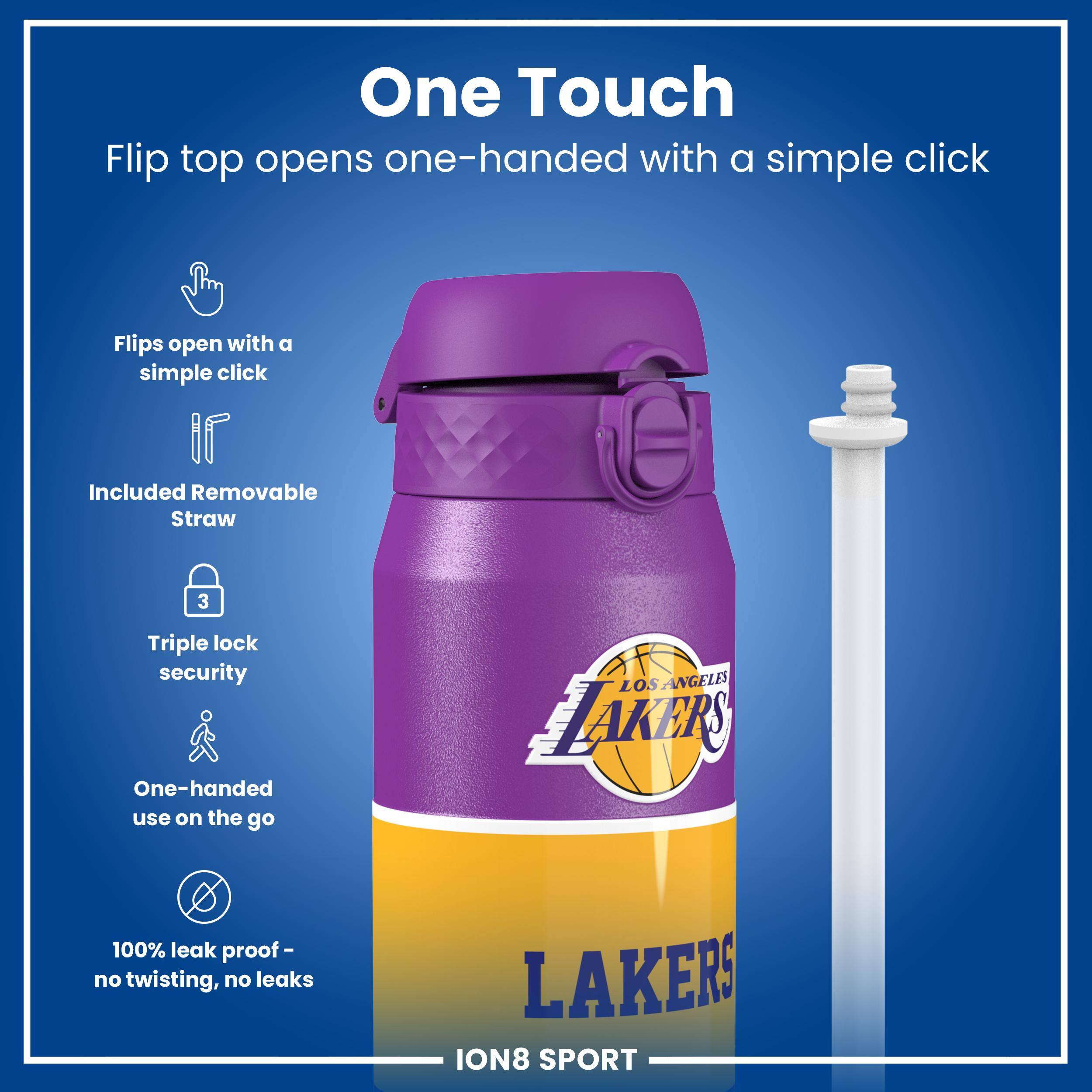 One Touch Flip top opens one-handed with a simple click. Flips open with a simple click. Included Removable Straw. Triple lock security. One-handed use on the go. 100% leak proof - no twisting, no leaks. LOS ANGELES LAKERS. ION8 SPORT