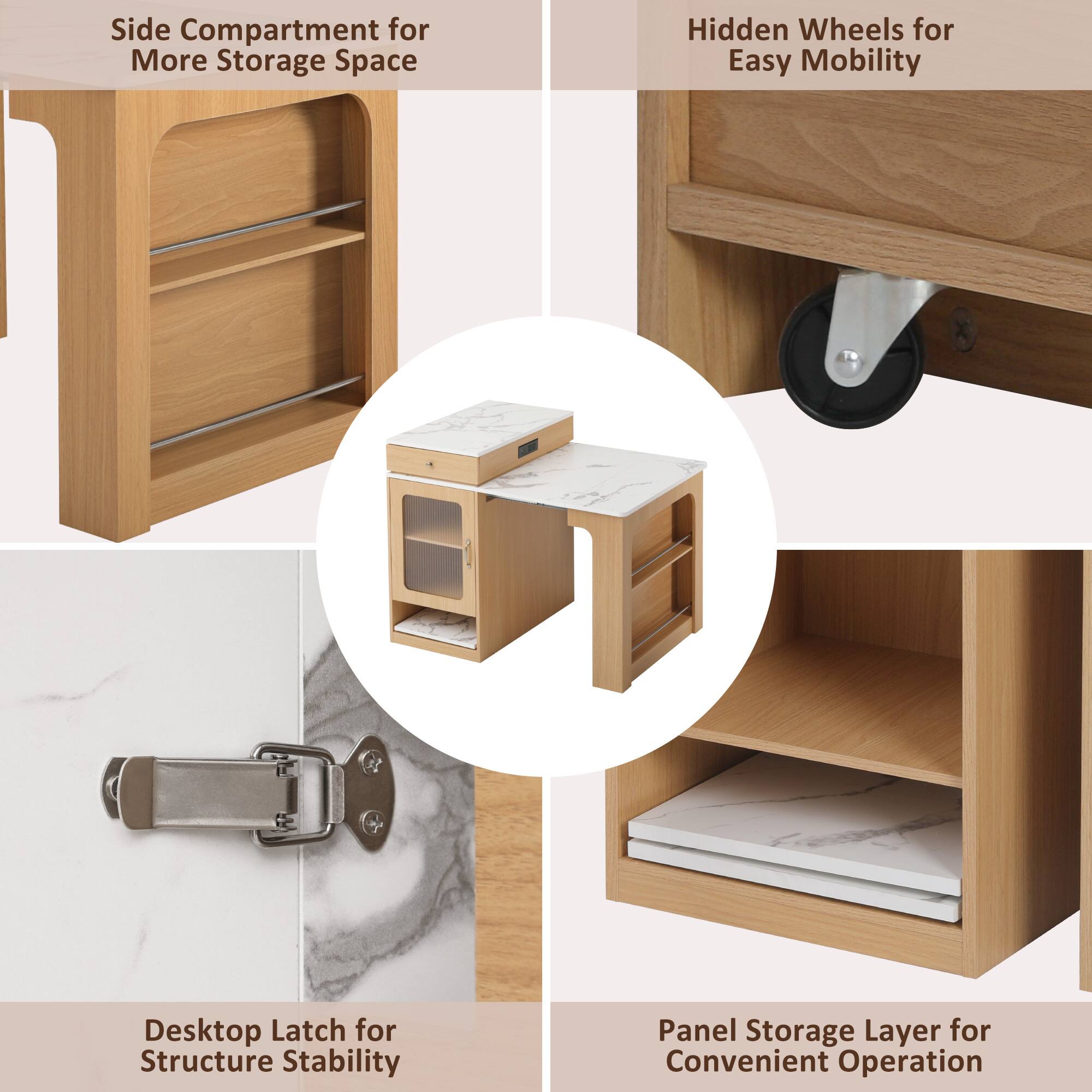 - Side Compartment for More Storage Space
- Hidden Wheels for Easy Mobility
- Desktop Latch for Structure Stability
- Panel Storage Layer for Convenient Operation