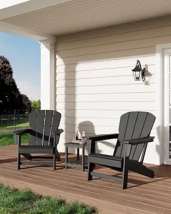 Front. Acekool - Modern HDPE Adirondack Chair Set of 2, Oversized 380lb Poly Lumber Outdoor Patio Chairs, Wood Texture, Black - Black.