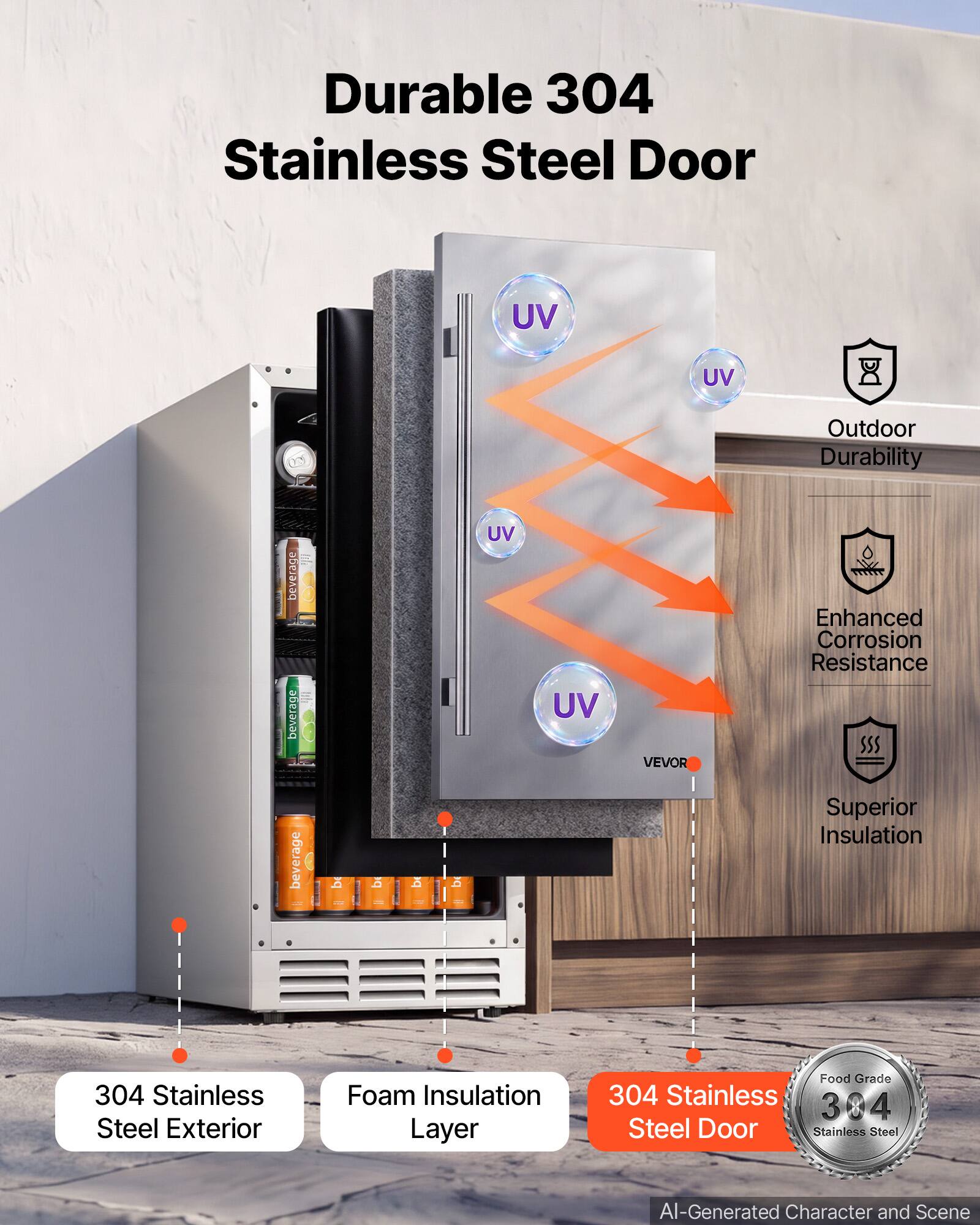 Durable 304 Stainless Steel Door

UV
UV
DO
Outdoor Durability
MONTAIN
beverage beverage
UV
UV
VEVOR
Enhanced Corrosion Resistance
beverage
be
be

be
Superior Insulation
304 Stainless Steel Exterior
Foam Insulation Layer
Food Grade 304 Stainless Steel Door Stainless Steel
AI-Generated Character and Scene