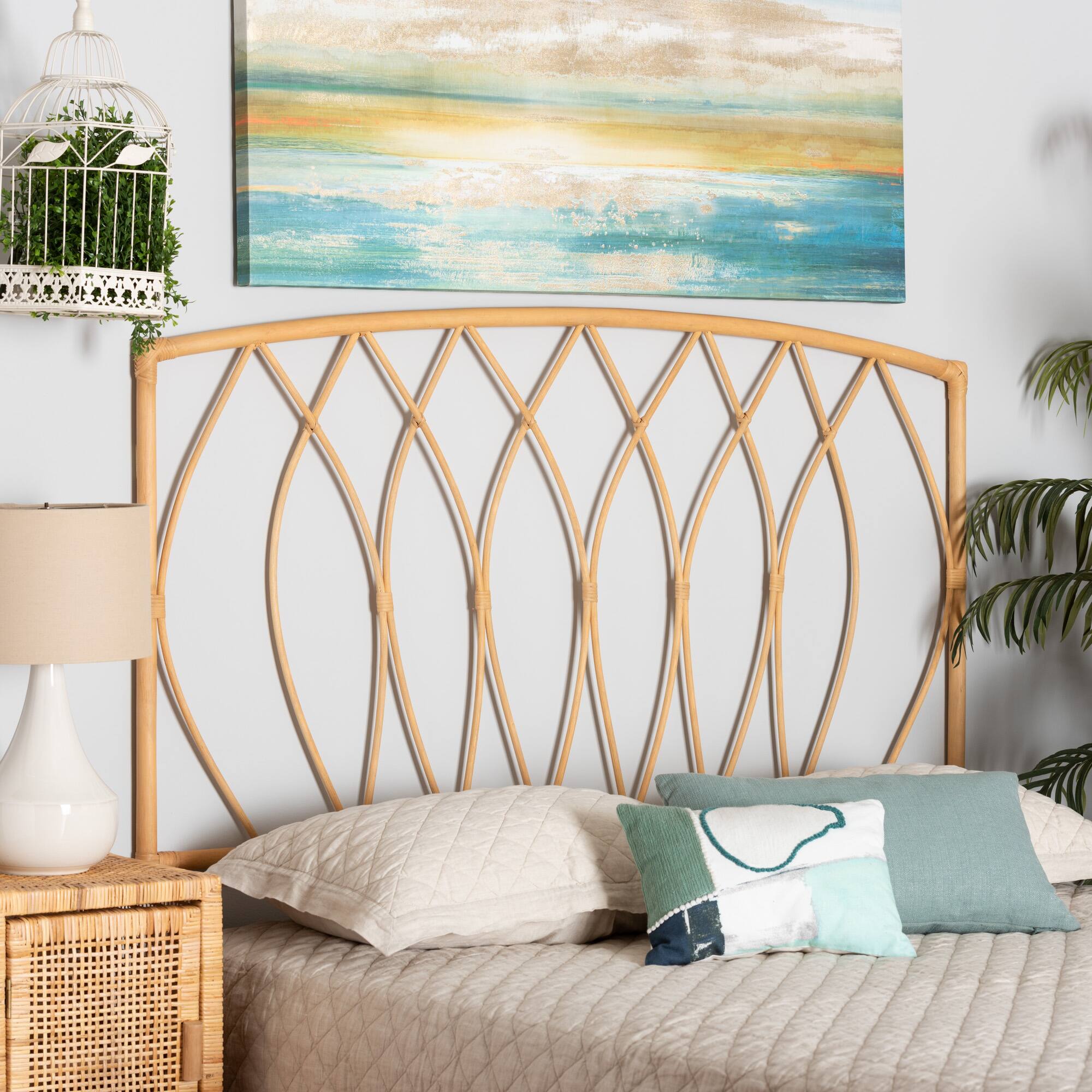 Alt View 1. bali & pari - Halia Modern Bohemian Rattan Queen Size Wall-mount Headboard - Natural Brown.