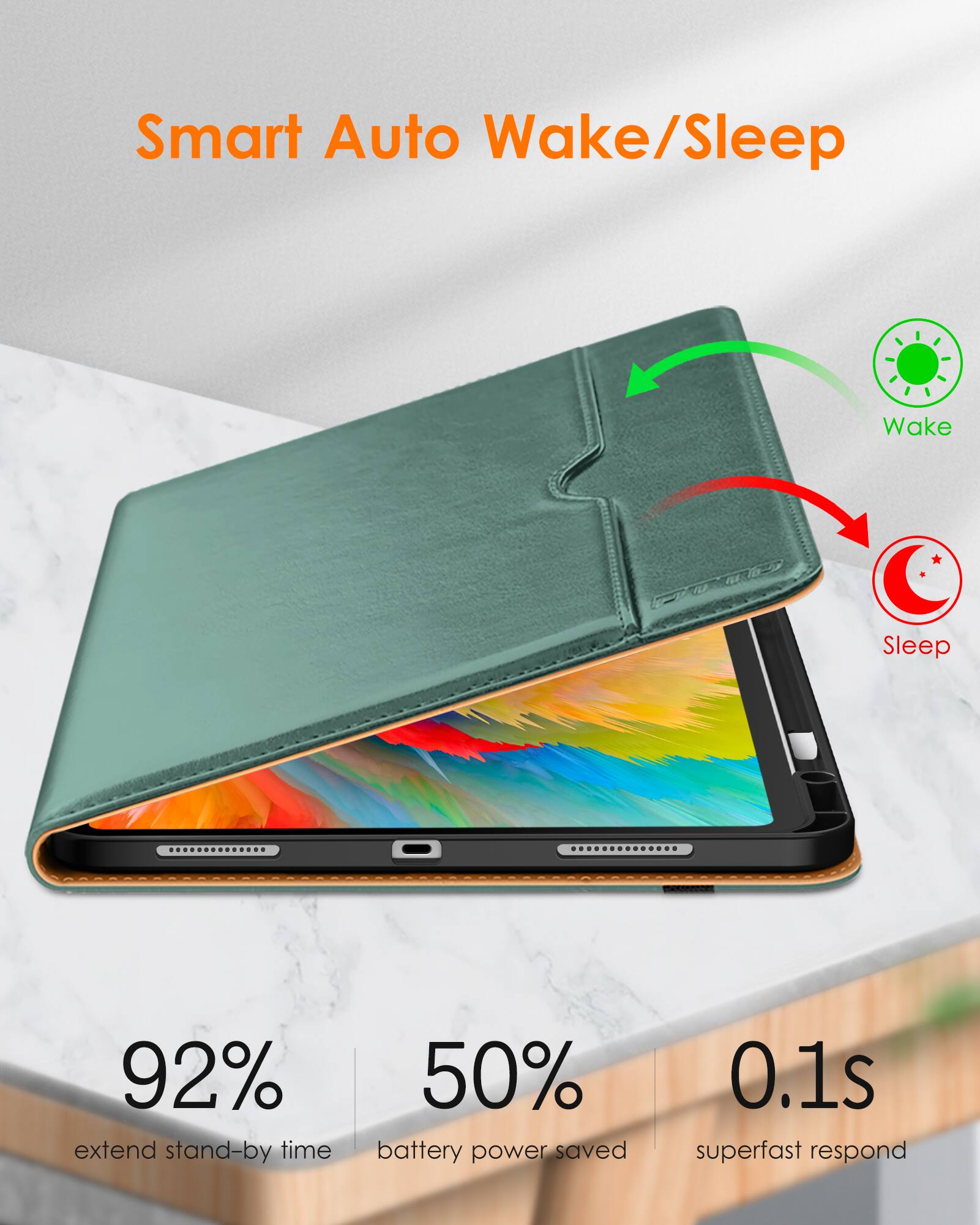 Smart Auto Wake/Sleep

- 92% extend stand-by time
- 50% battery power saved
- 0.1s superfast respond

Wake
Sleep