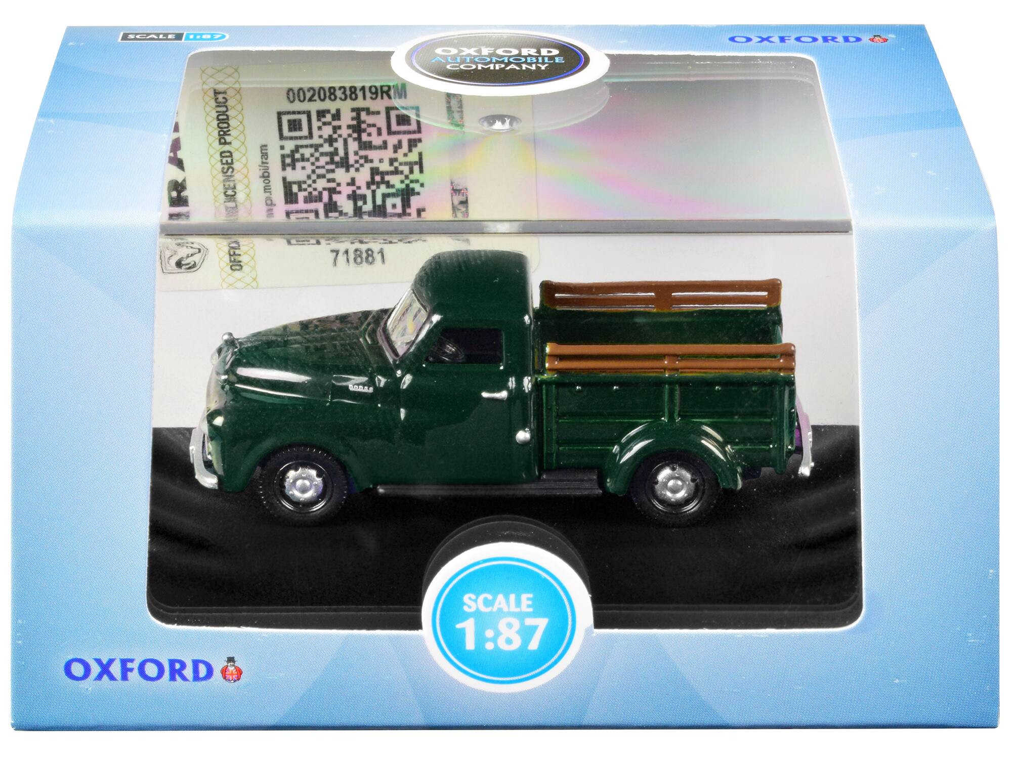 Sure, here is the corrected and grouped text from the image:

- OXFORD
- OXFORD AUTOMOBILE COMPANY
- SCALE 1:87
- LICENSED PRODUCT
- 002083819RM
- 71881
- mobi/ram
- OXFORD