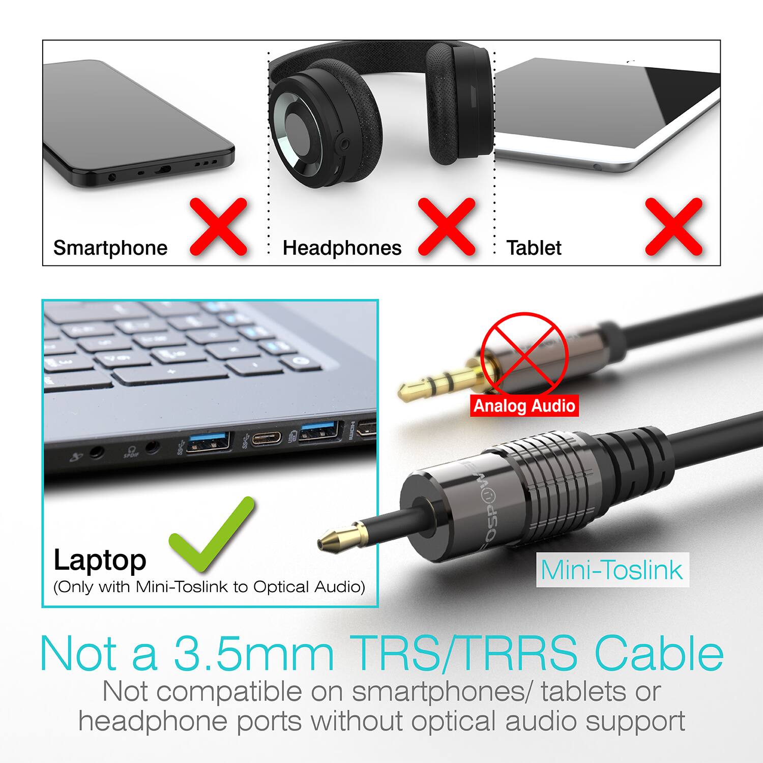 Smartphone X Headphones X Tablet X - - G Analog Audio ada Laptop (Only with Mini-Toslink to Optical Audio) OSPOW Mini-Toslink Not a 3.5mm TRS/TRRS Cable Not compatible on smartphones/ tablets or headphone ports without optical audio support