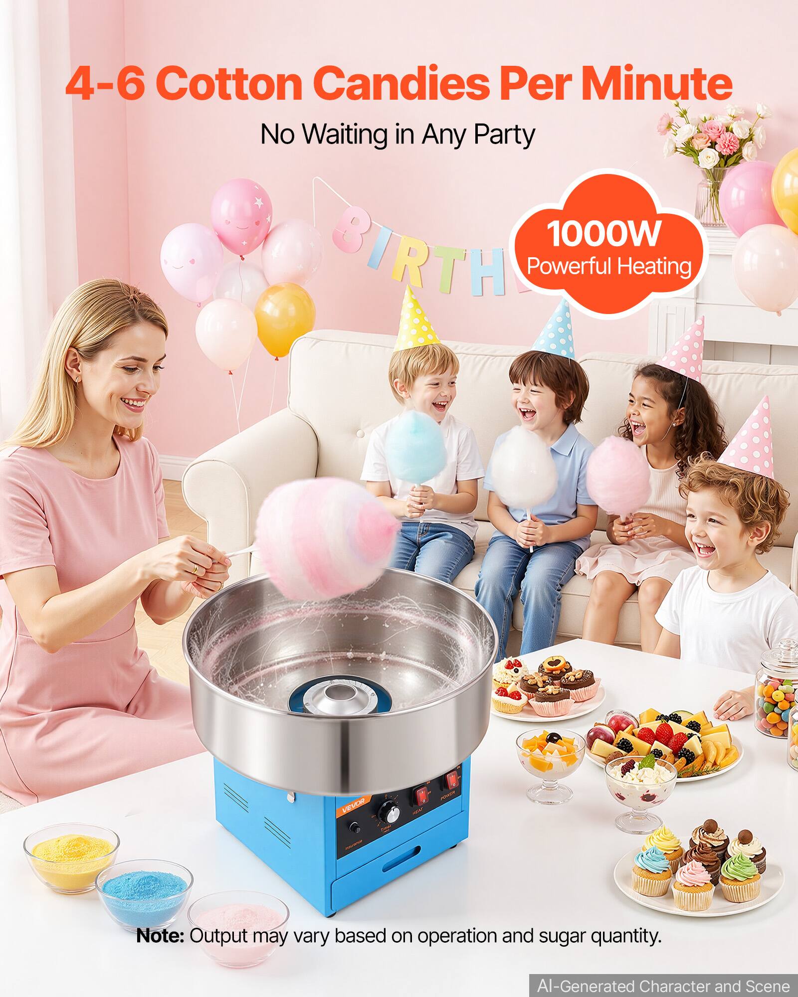 4-6 Cotton Candies Per Minute  
No Waiting in Any Party  
1000W Powerful Heating  

Note: Output may vary based on operation and sugar quantity.  

AI-Generated Character and Scene