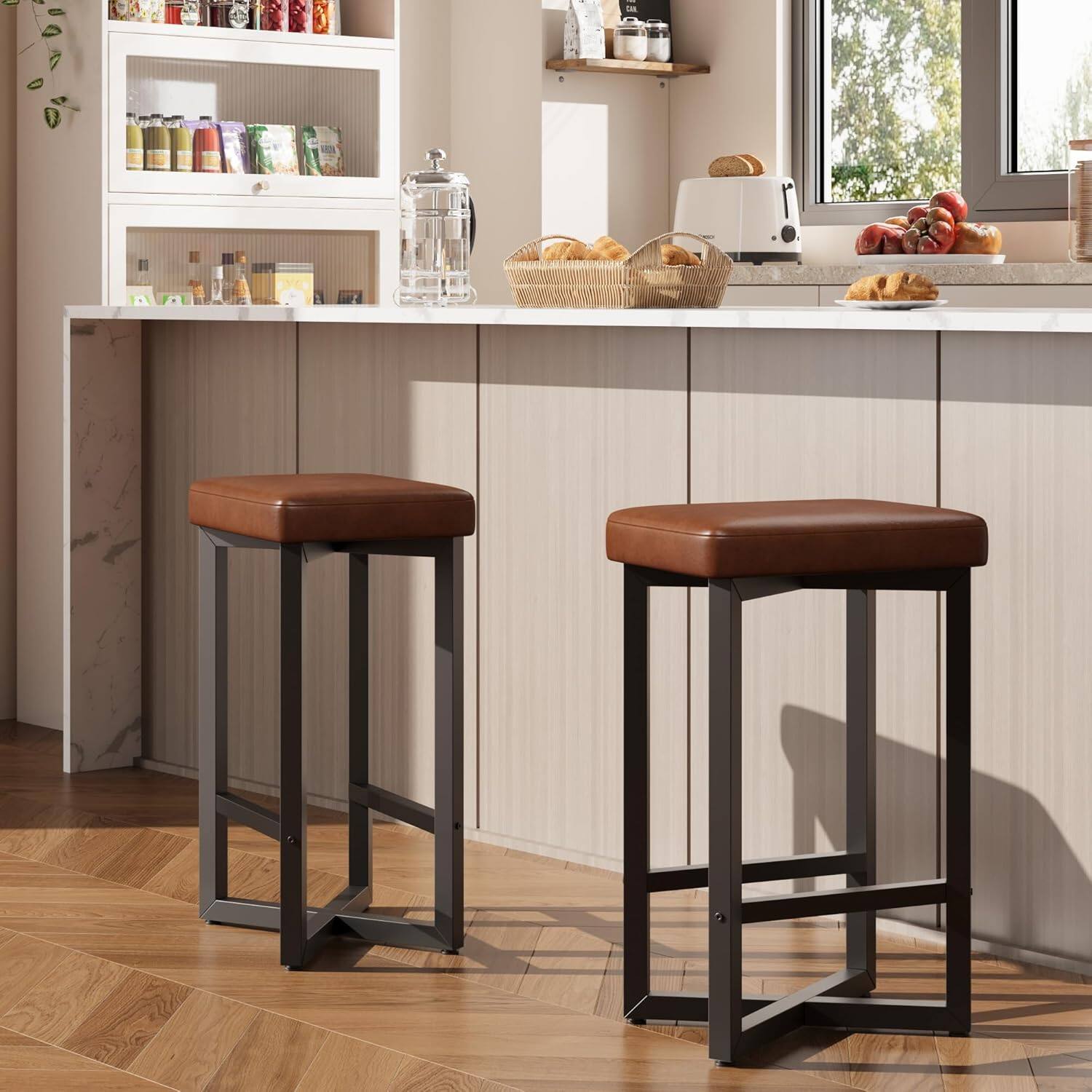 Front. GARVEE - Bar Stools Set of 2, 24.6" Counter Height Backless Barstools, Upholstered PU Leather Seats with Metal X-Frame, Brown - Brown.
