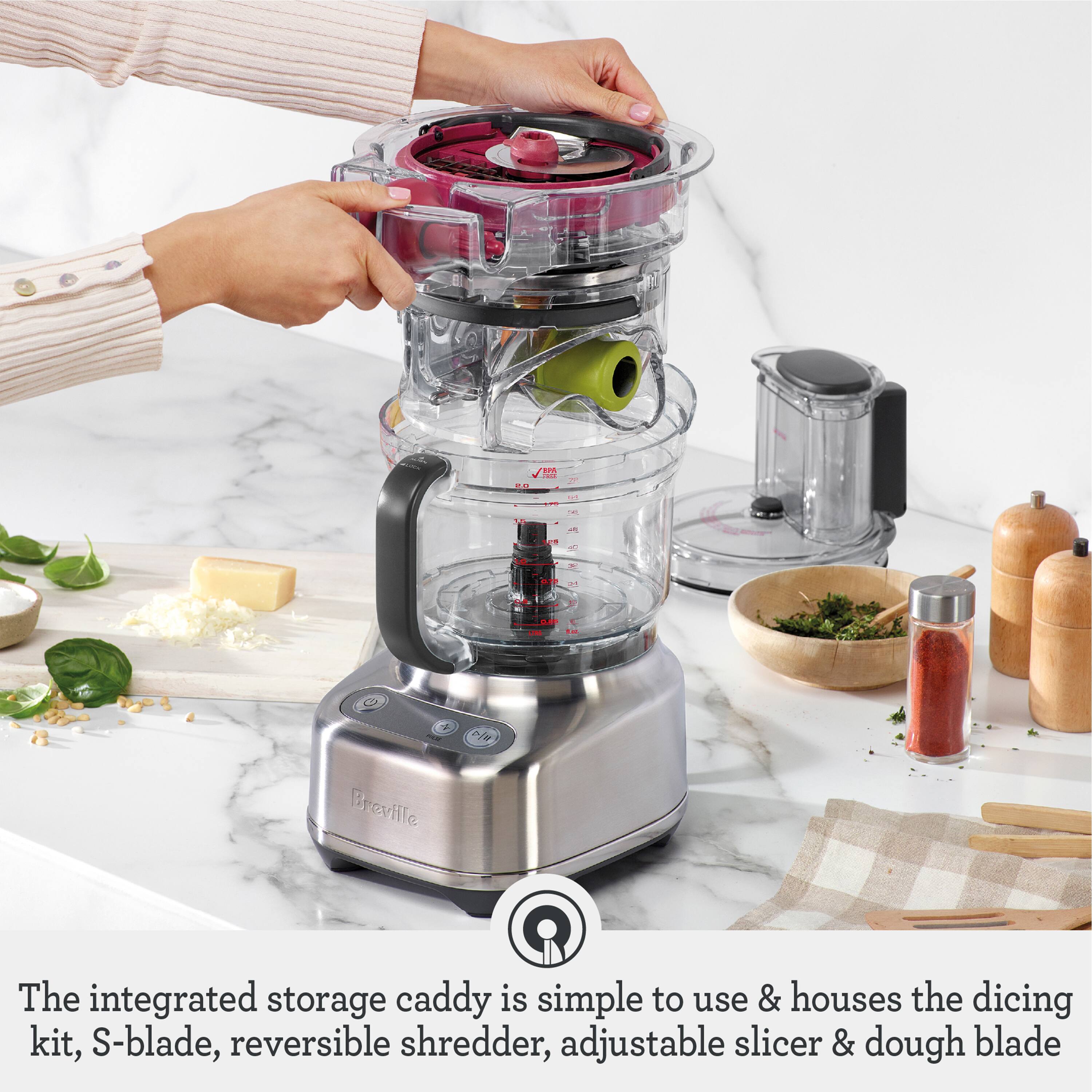 The integrated storage caddy is simple to use & houses the dicing kit, S-blade, reversible shredder, adjustable slicer & dough blade