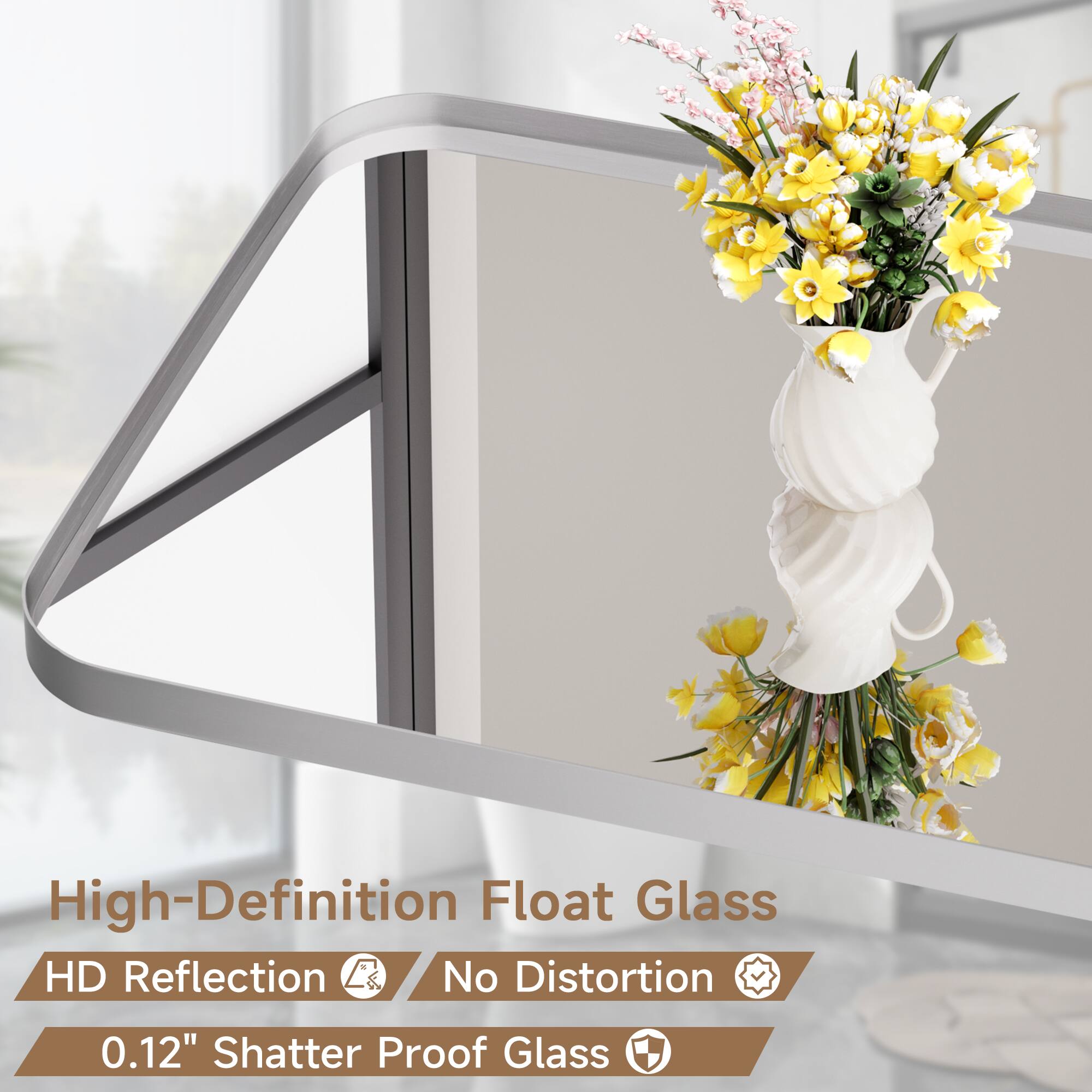 High-Definition Float Glass with HD Reflection and No Distortion features. This glass is 0.12" thick and shatter proof, making it a durable and safe option for various applications.