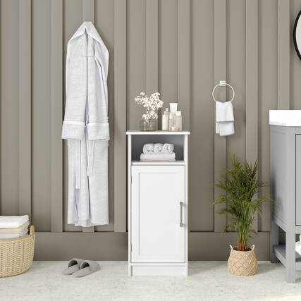 Front. Emma + Oliver - Vesta Bathroom Storage Cabinet Organizer with Adjustable In-Cabinet Shelf, Magnetic Closure Door, and Upper Open Shelf - White.