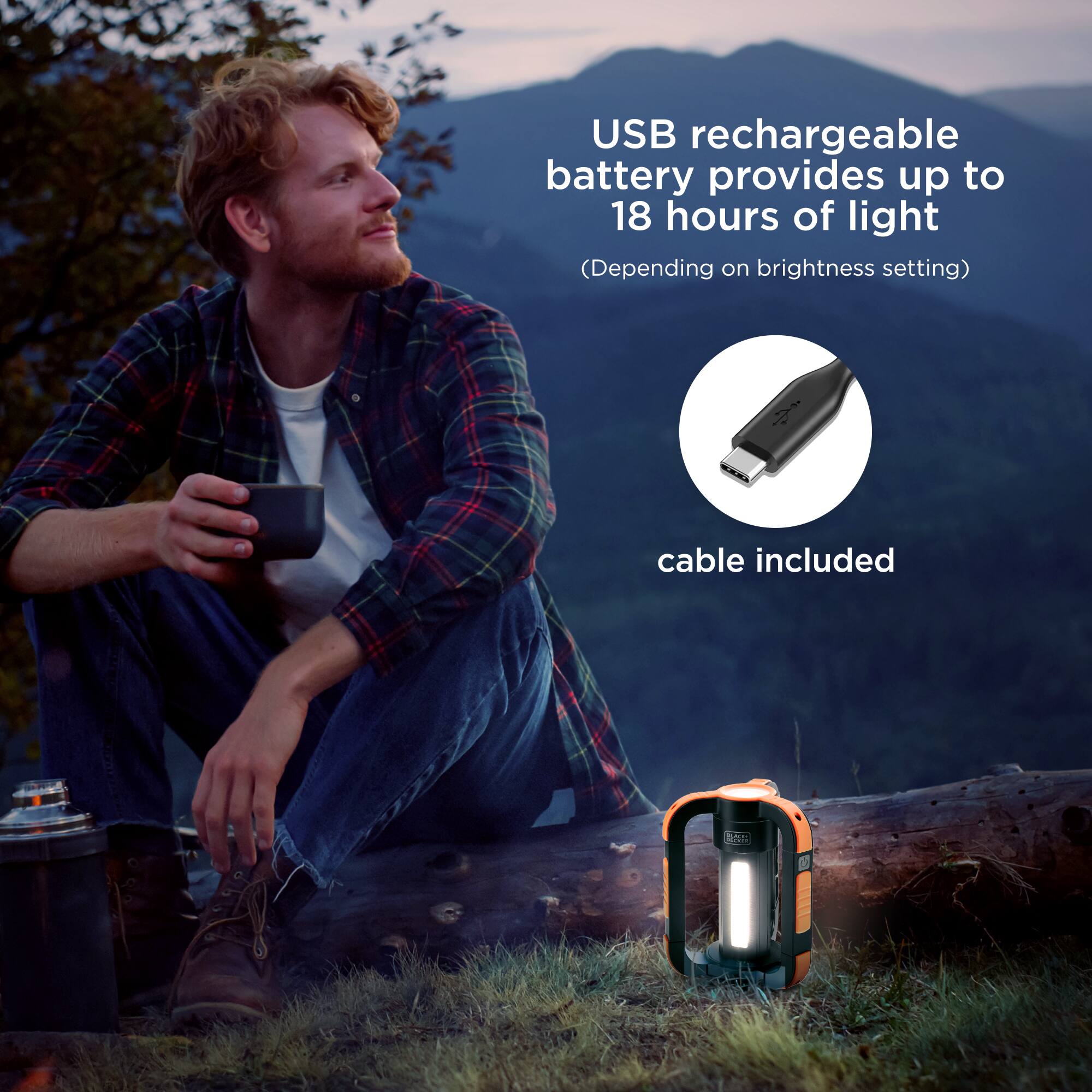 USB rechargeable battery provides up to 18 hours of light (Depending on brightness setting)  
cable included
