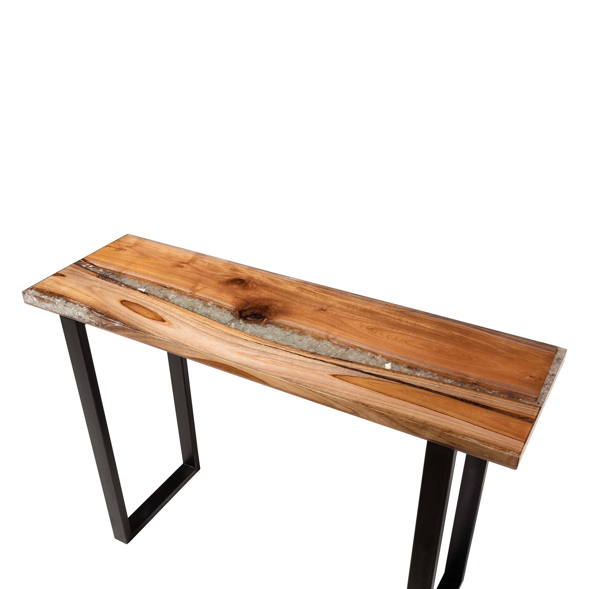 Back. bali & pari - Apio Wood Epoxy Resin Console Table with Glass Inlay - Rectangular Teak Wood with Black Metal Base - Natural Brown/White/Black.