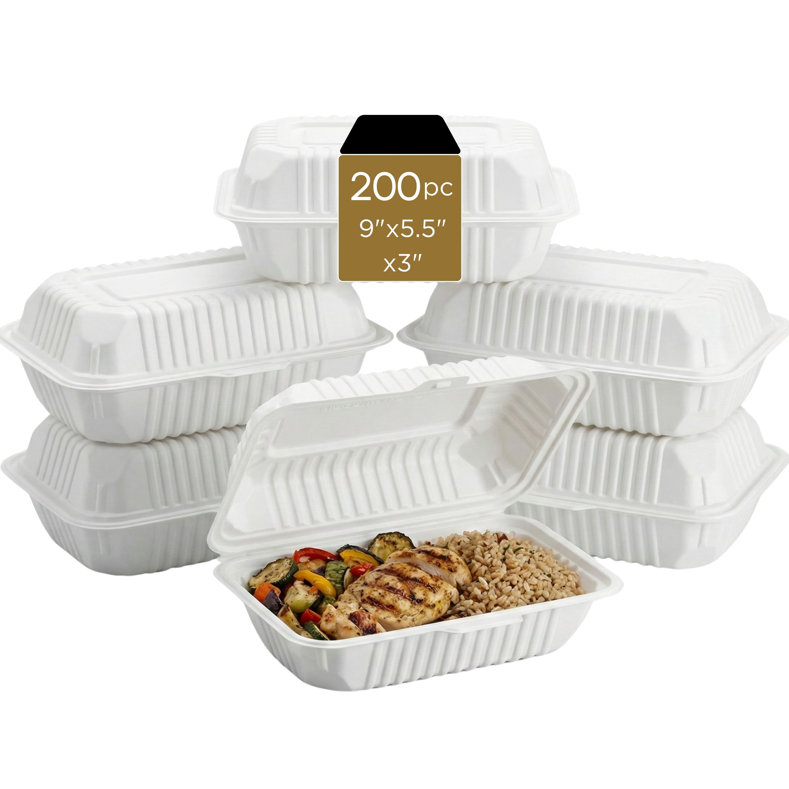 Eco Harmony Products - Clamshell (MFPP) Hinged Container (Center Slide), 9" X 5.5", 200-Pack - White