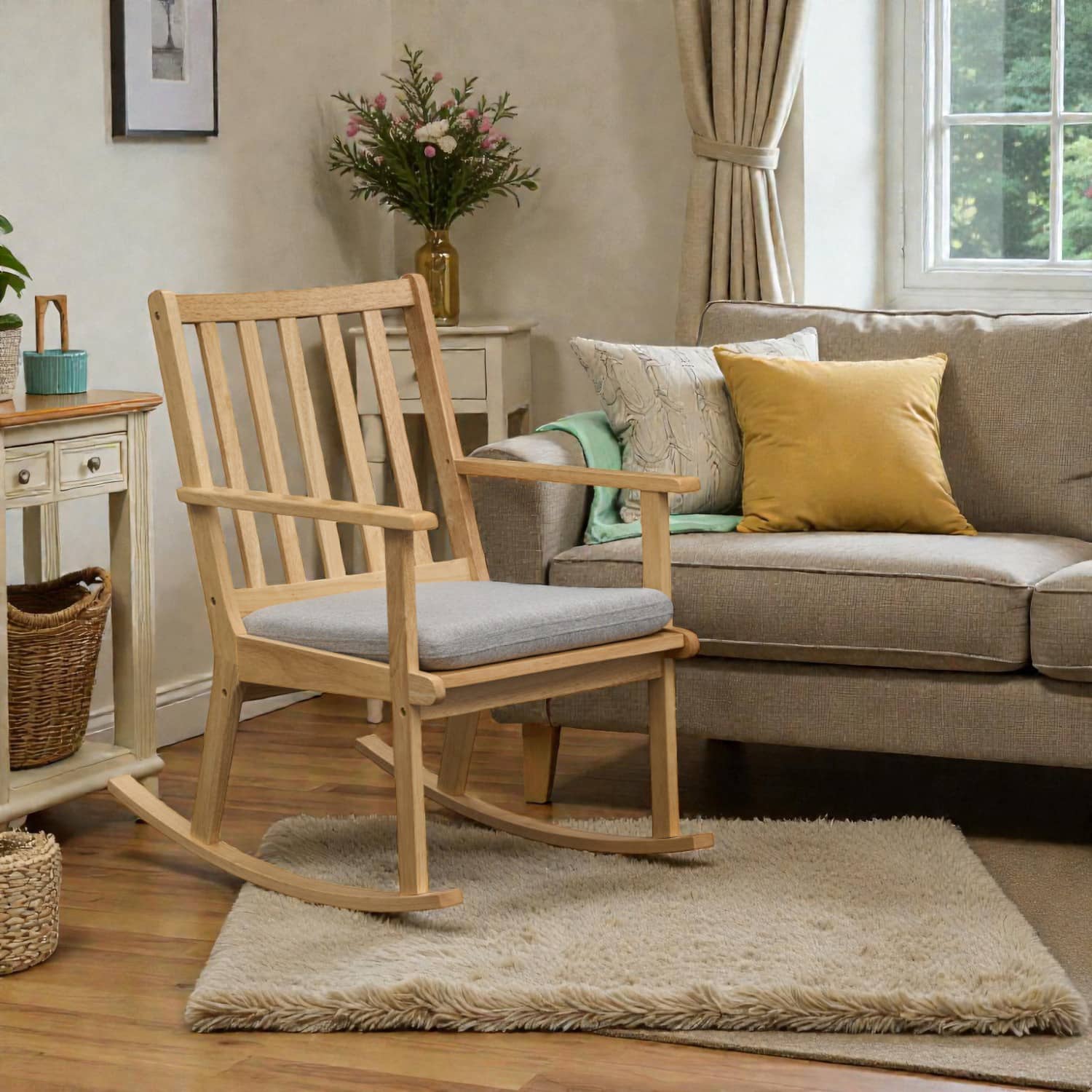 Hivvago - Solid Rubberwood Rocking Chair with Cushioned Padded Seat - Natural