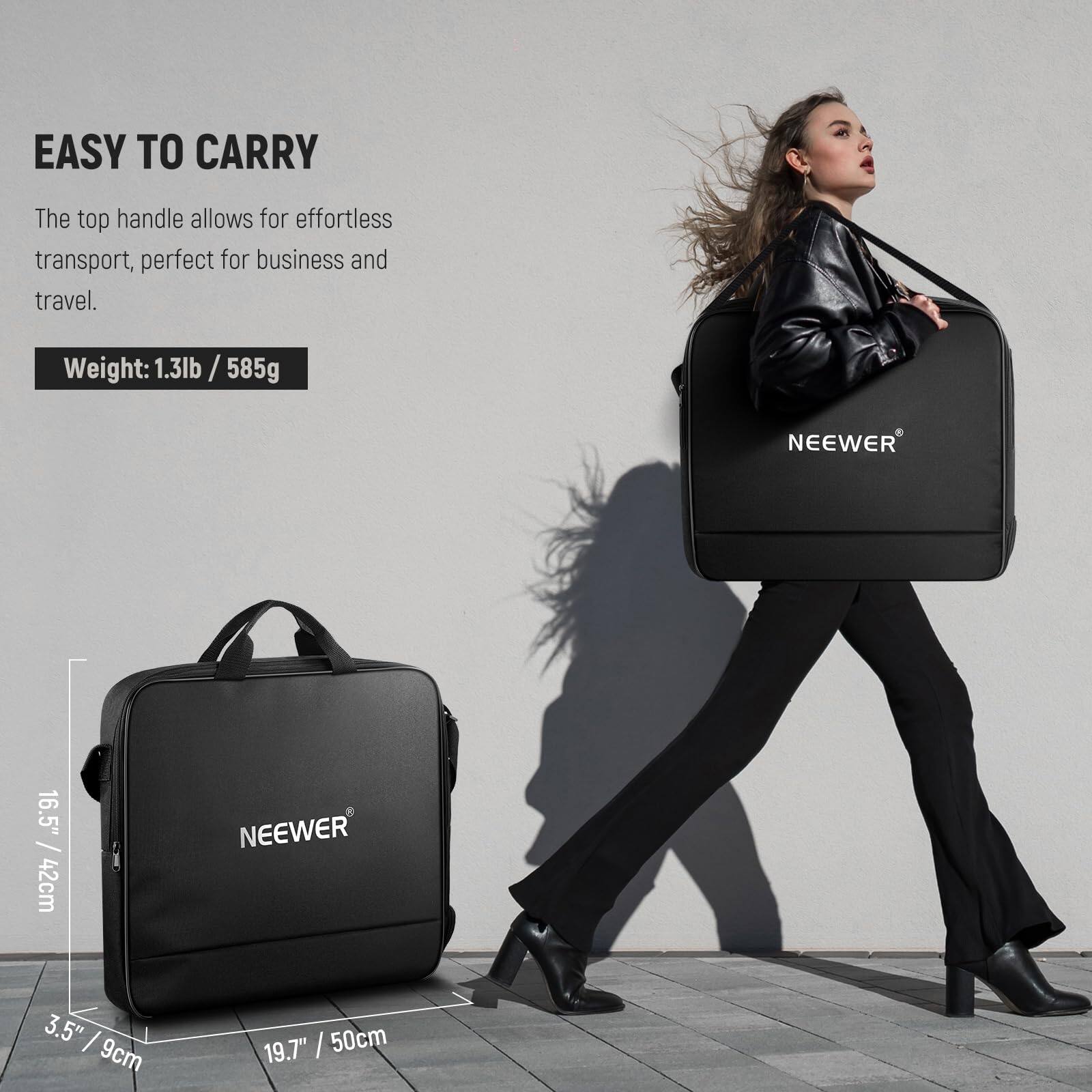 EASY TO CARRY

The top handle allows for effortless transport, perfect for business and travel.

Weight: 1.3lb / 585g

NEEWER

16.5" / 42cm  
3.5" / 9cm  
19.7" / 50cm