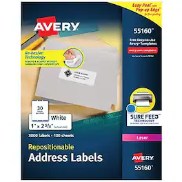 Avery - Repositionable Laser Address Labels, 1" x 2-5/8", 3,000 Labels/Box - Matte White