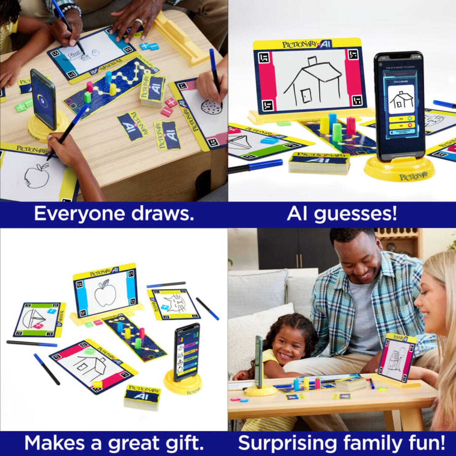- Everyone draws.
- AI guesses!
- Makes a great gift.
- Surprising family fun!
