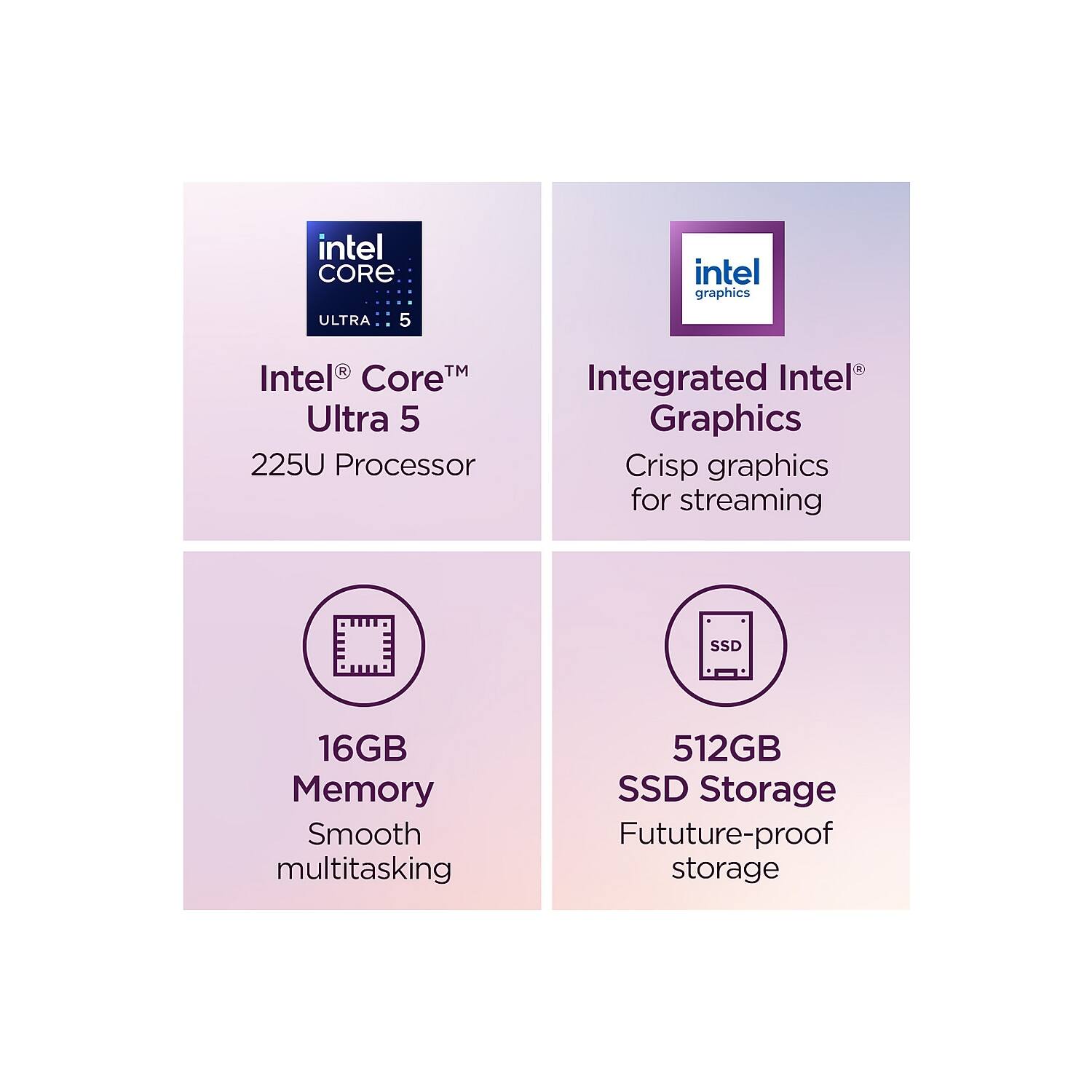 intel CORE ULTRA 5  
intel graphics  
R TM Intel Core Ultra 5 225U Processor  
Integrated Intel Graphics Crisp graphics for streaming  
SSD  
16GB Memory Smooth multitasking  
512GB SSD Storage Future-proof storage