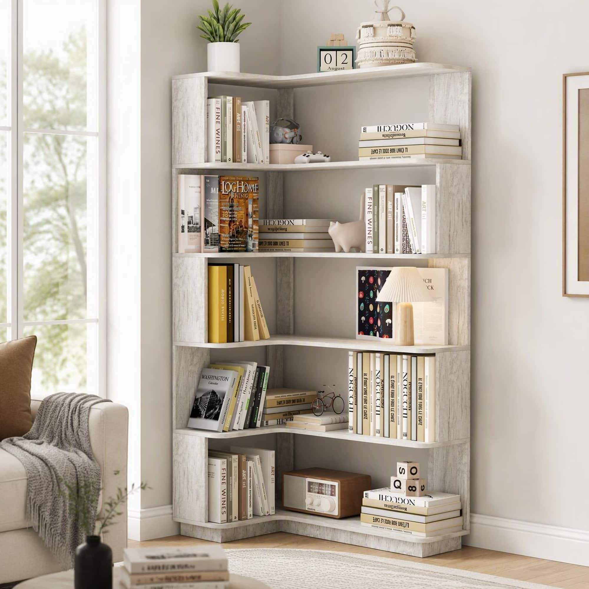 RYHNUYNE - 90 in L-Shaped Corner Bookshelf 5-Tier Freestanding Wooden Bookcase with Anti-Tip Device - Gray