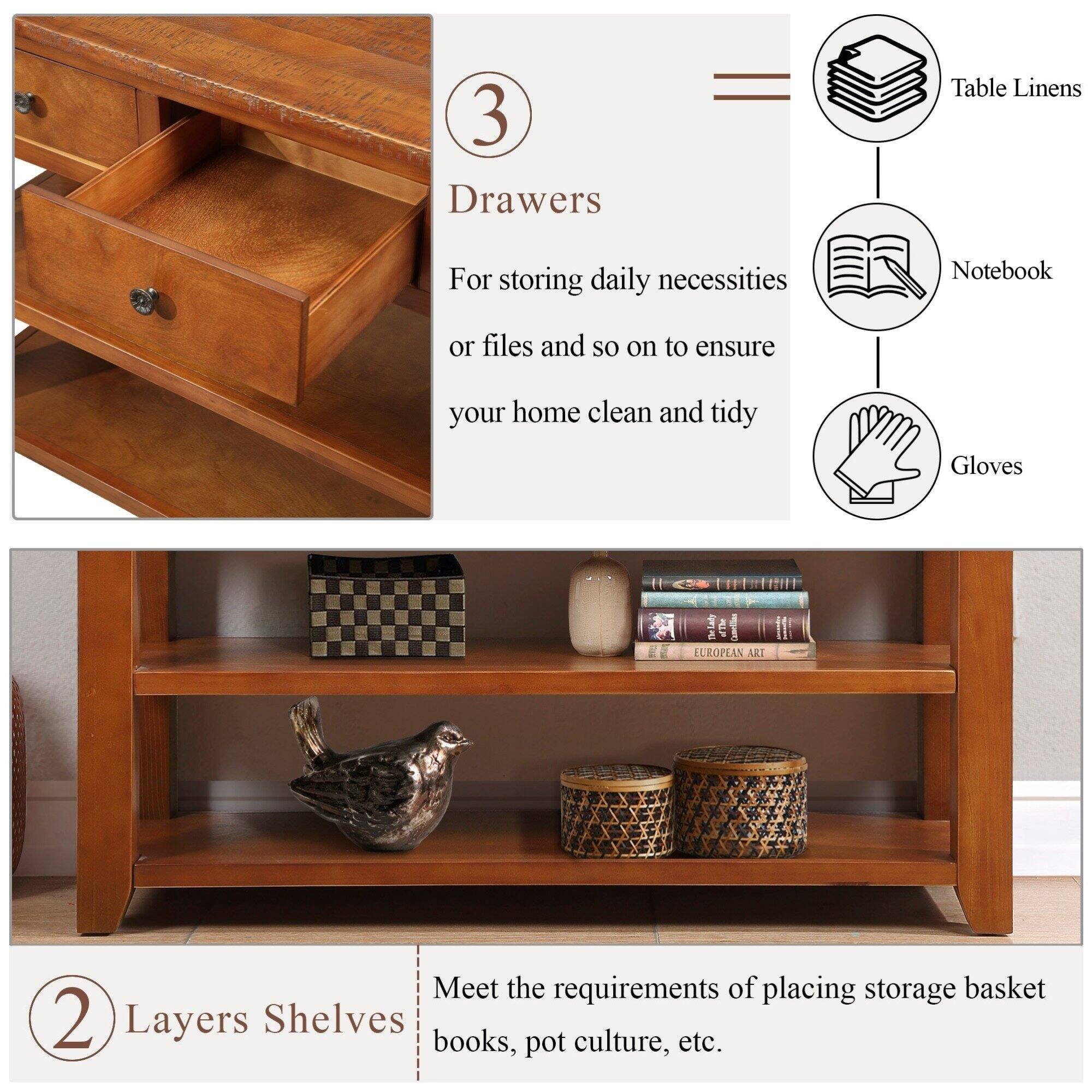 3 Drawers  
For storing daily necessities or files and so on to ensure your home clean and tidy  

Table Linens  
Notebook  
Gloves  

2 Layers Shelves  
Meet the requirements of placing storage basket books, pot culture, etc.