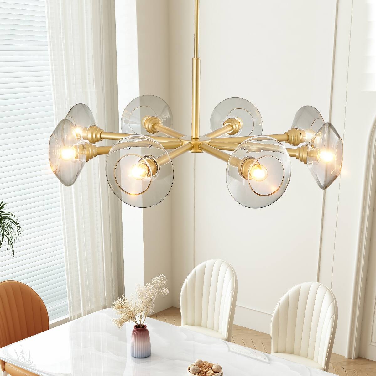 Angle. Loheer - Loheer 36 inch Gold Sputnik Chandelier Eight Light Mid Century Modern Pendant with Clear Glass Shades.