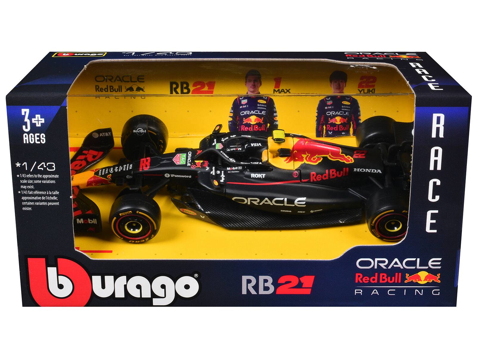 - ORACLE Red Bull Racing
- RB 21
- MAX
- YUKI
- 3+ AGES
- *1/43 refers to the approximate scale size; some variations may exist.
- *1/43 fait référence à la taille approximative de l'échelle; certaines variantes peuvent exister.
- AT&T
- VISA
- Mobil 1
- DNS
- ROKT
- 1Password
- Honda
- Oracle
- Red Bull
- urago