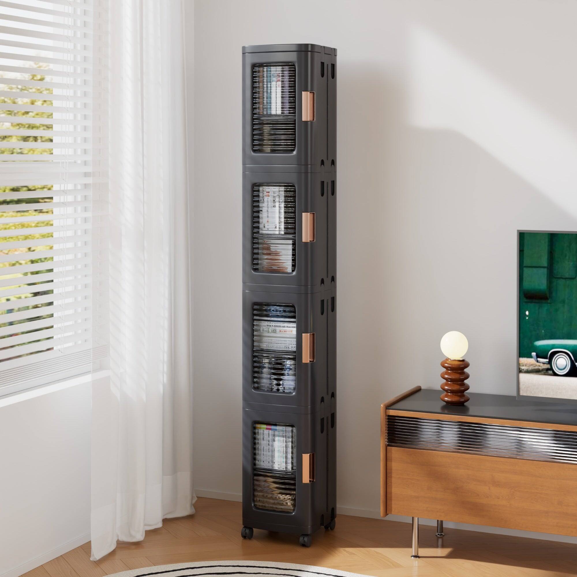 Alt View 4. Vecelo - Slim Bathroom Floor Storage Cabinet, Bathroom Storage Cabinet, Freestanding Bathroom Cabinet, Foldable Storage Unit - Black.