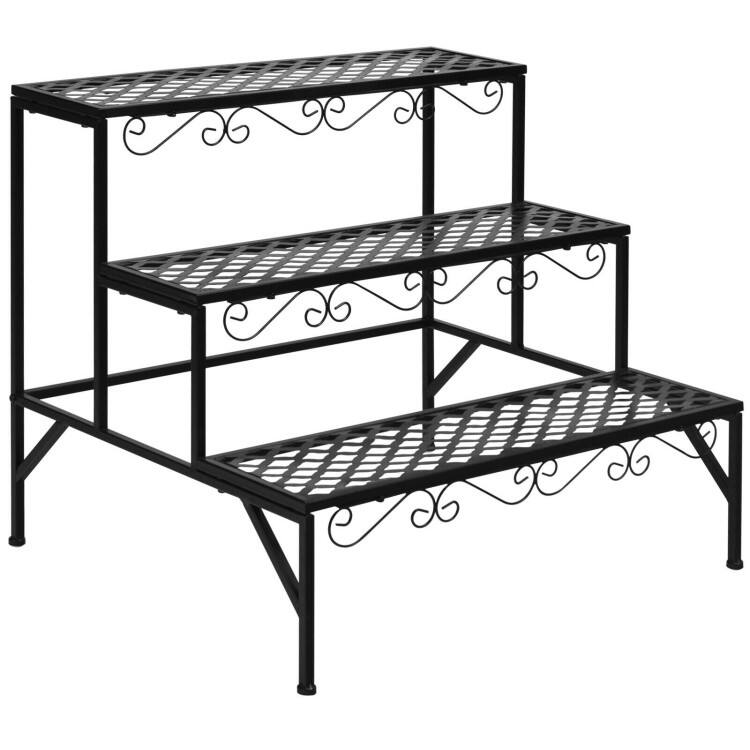 Front. SlickBlue - Decorative 3-Tier Metal Plant Rack for Patio, Balcony, Garden, or Home - Black.