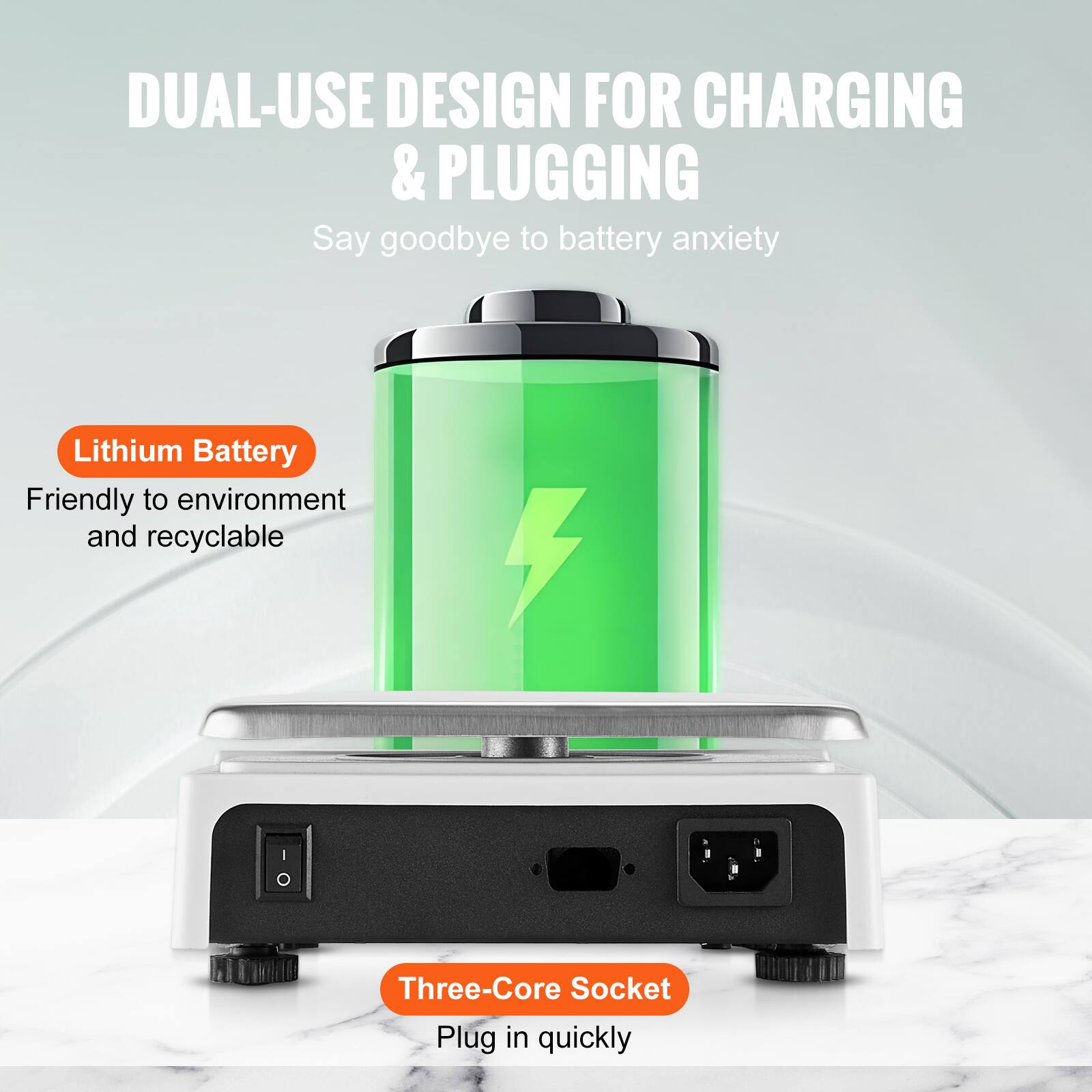 DUAL-USE DESIGN FOR CHARGING & PLUGGING  
Say goodbye to battery anxiety  

Lithium Battery  
Friendly to environment and recyclable  

Three-Core Socket  
Plug in quickly