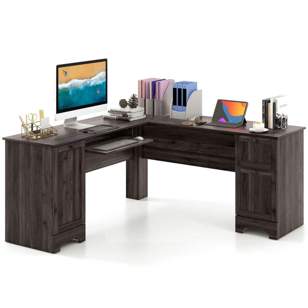 Kadyn - L-Shaped Office Desk with Storage Drawers and Keyboard Tray-Dark Home Office Desks, Gaming Computer Desks - Brown